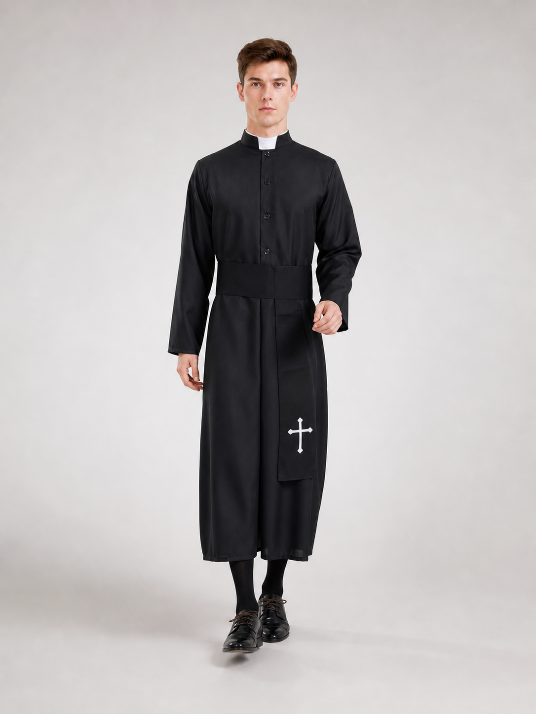 Men's Black Cassock with White Collar and Cross