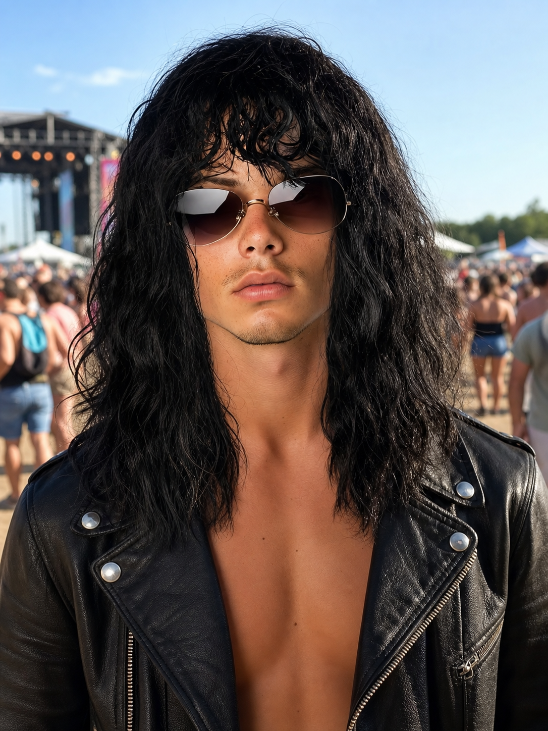 Black long wavy wig with tousled fringe shown on a model wearing sunglasses and a leather jacket outdoors