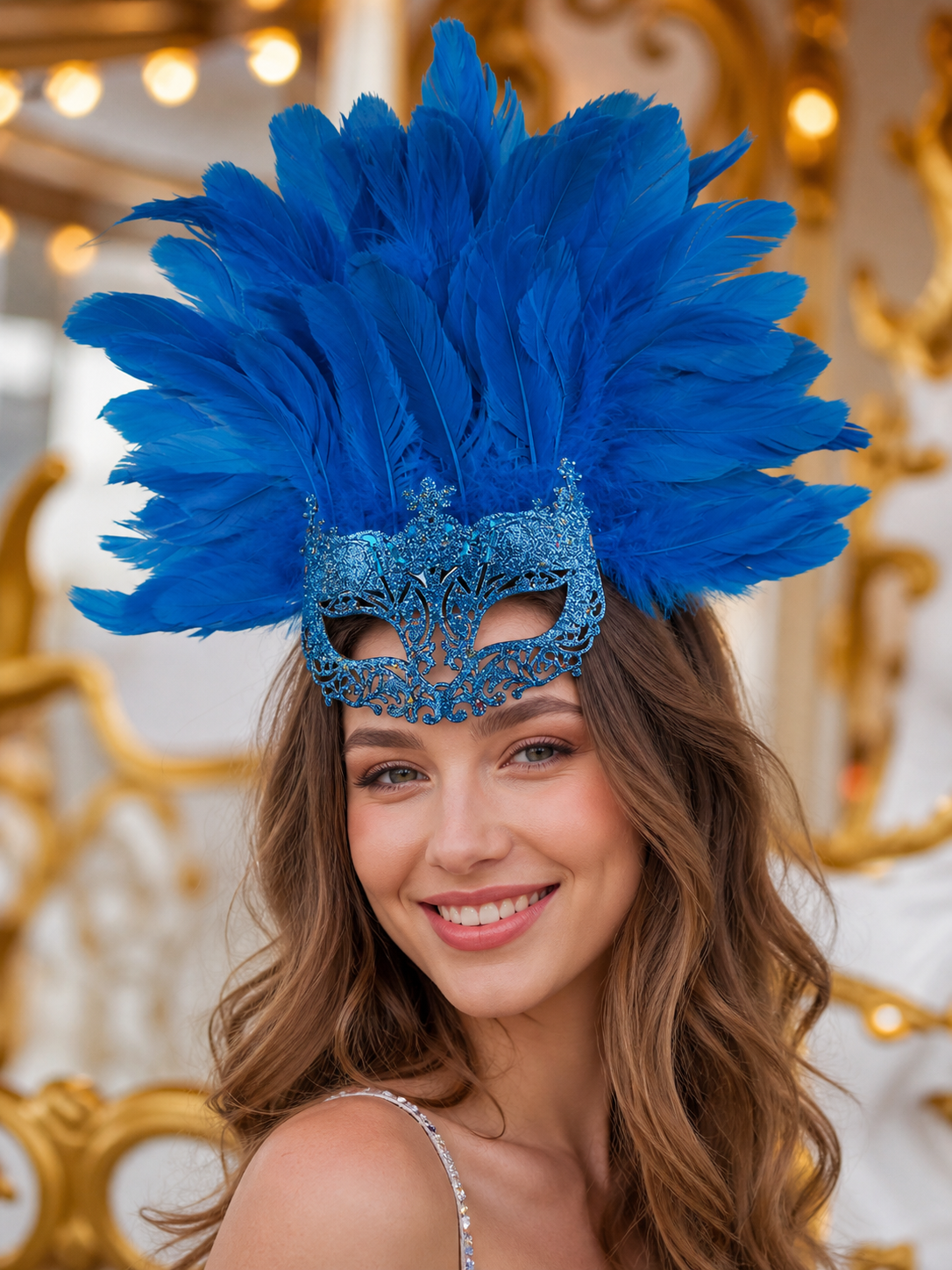 Carnival Eye Mask with Blue Feathers