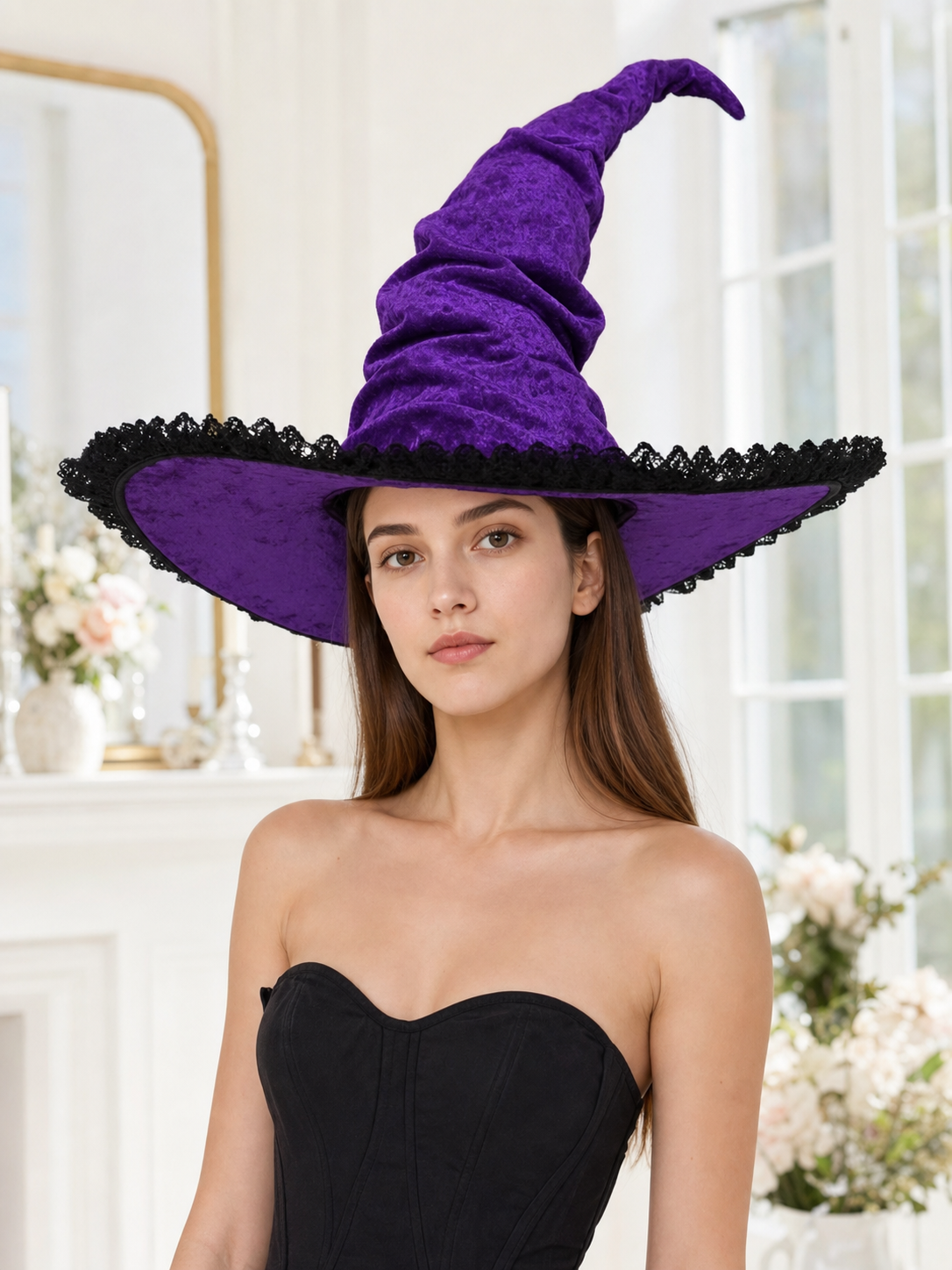 Purple Halloween Witch Hat Pointed Wide Brim Gothic Costume Accessory With Black Lace-Like Trim For Cosplay Themed Parties