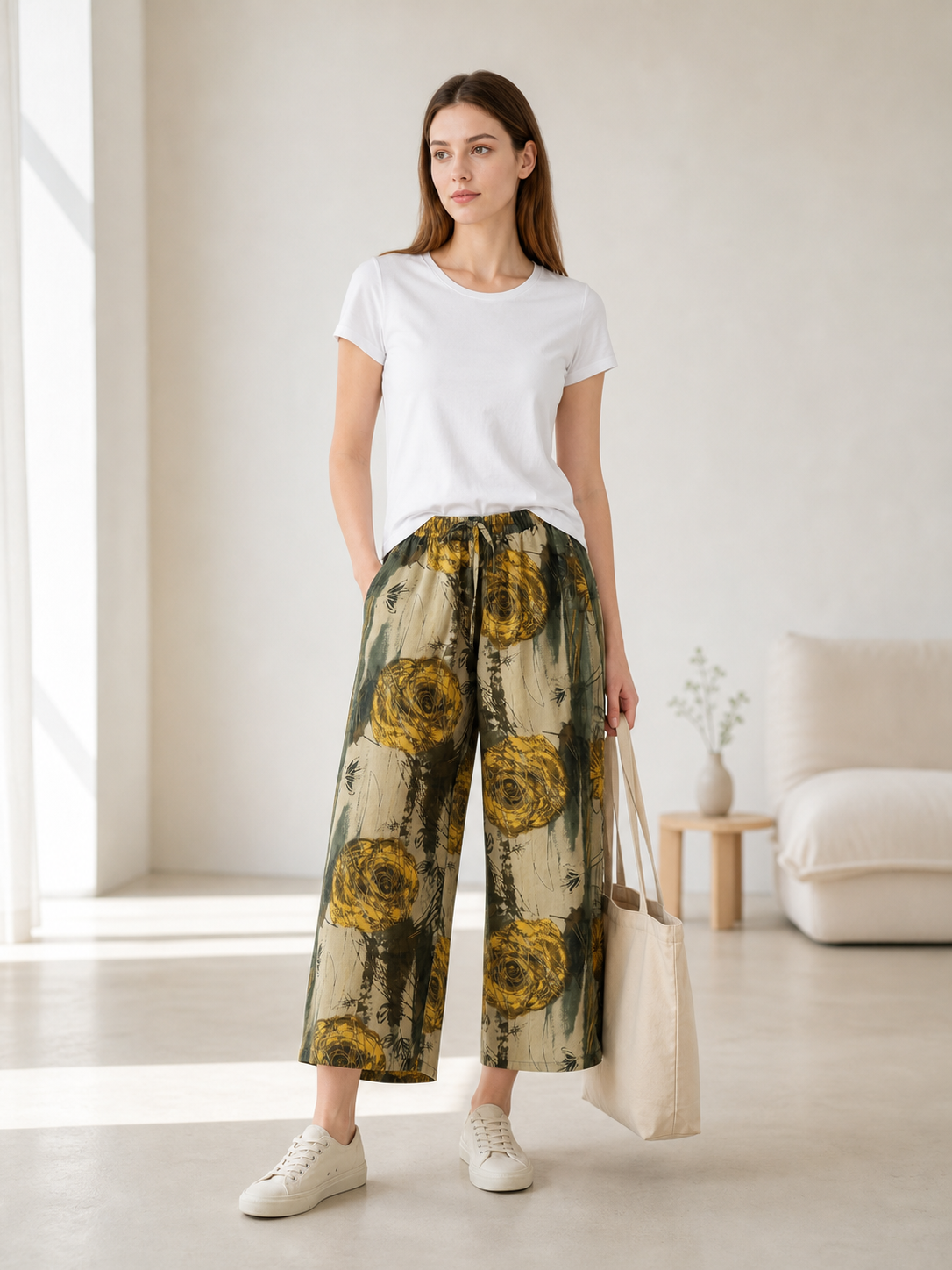 Palazzo Pants with Floral Print and Drawstring lifestyle view 2