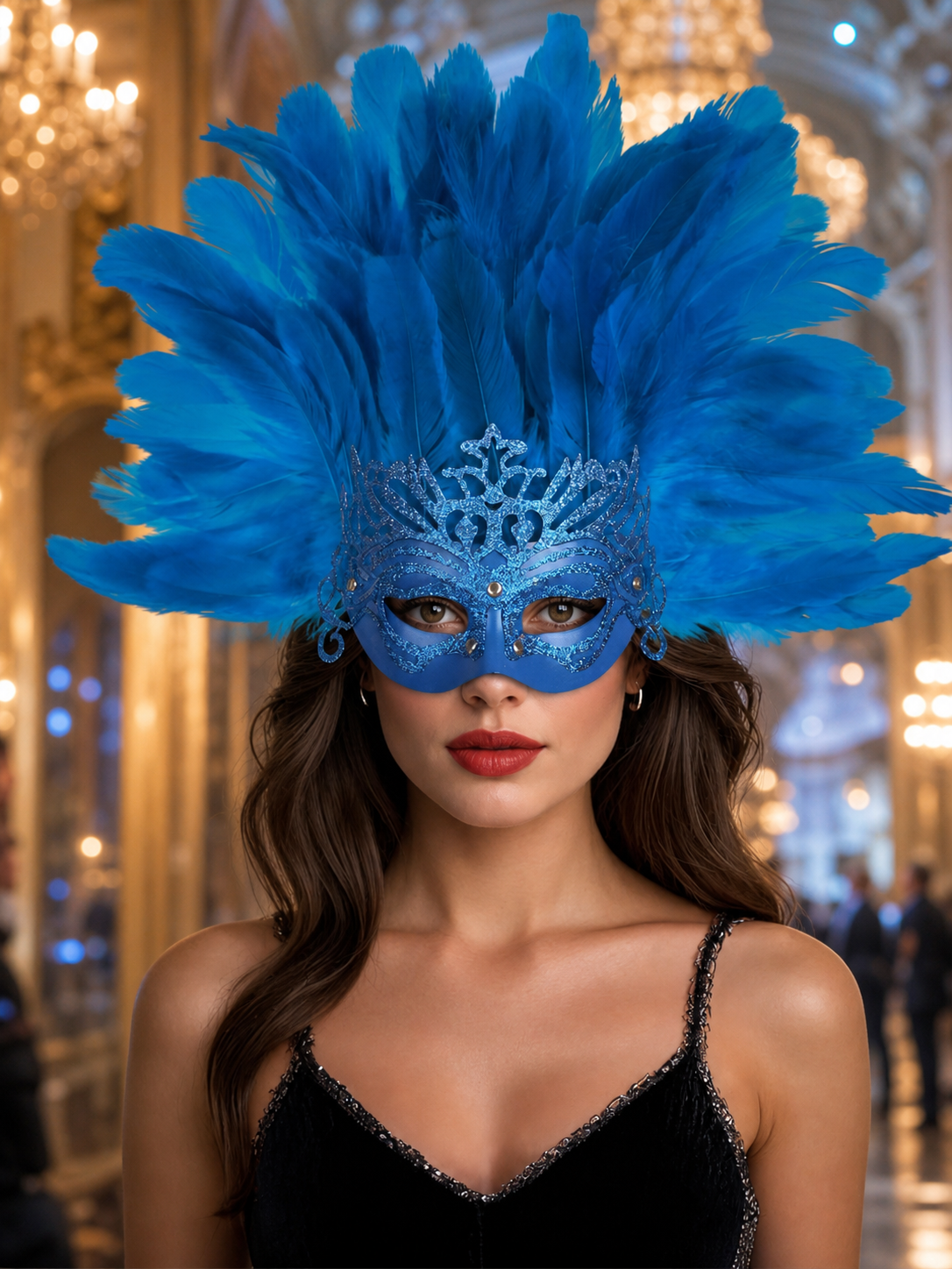 Carnival Mask with Blue Feathers and Glitter
