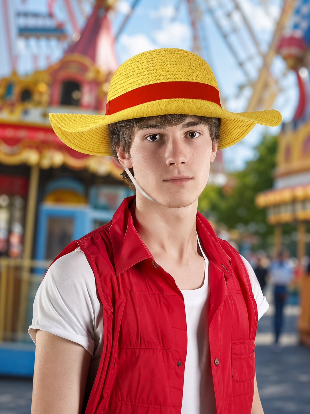 Carnival hat with a red ribbon and cord