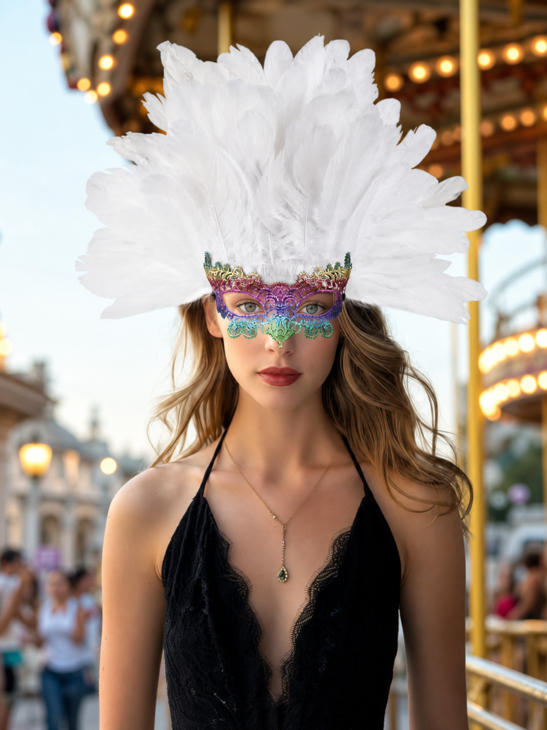 Masquerade headpiece with feathers and a mask