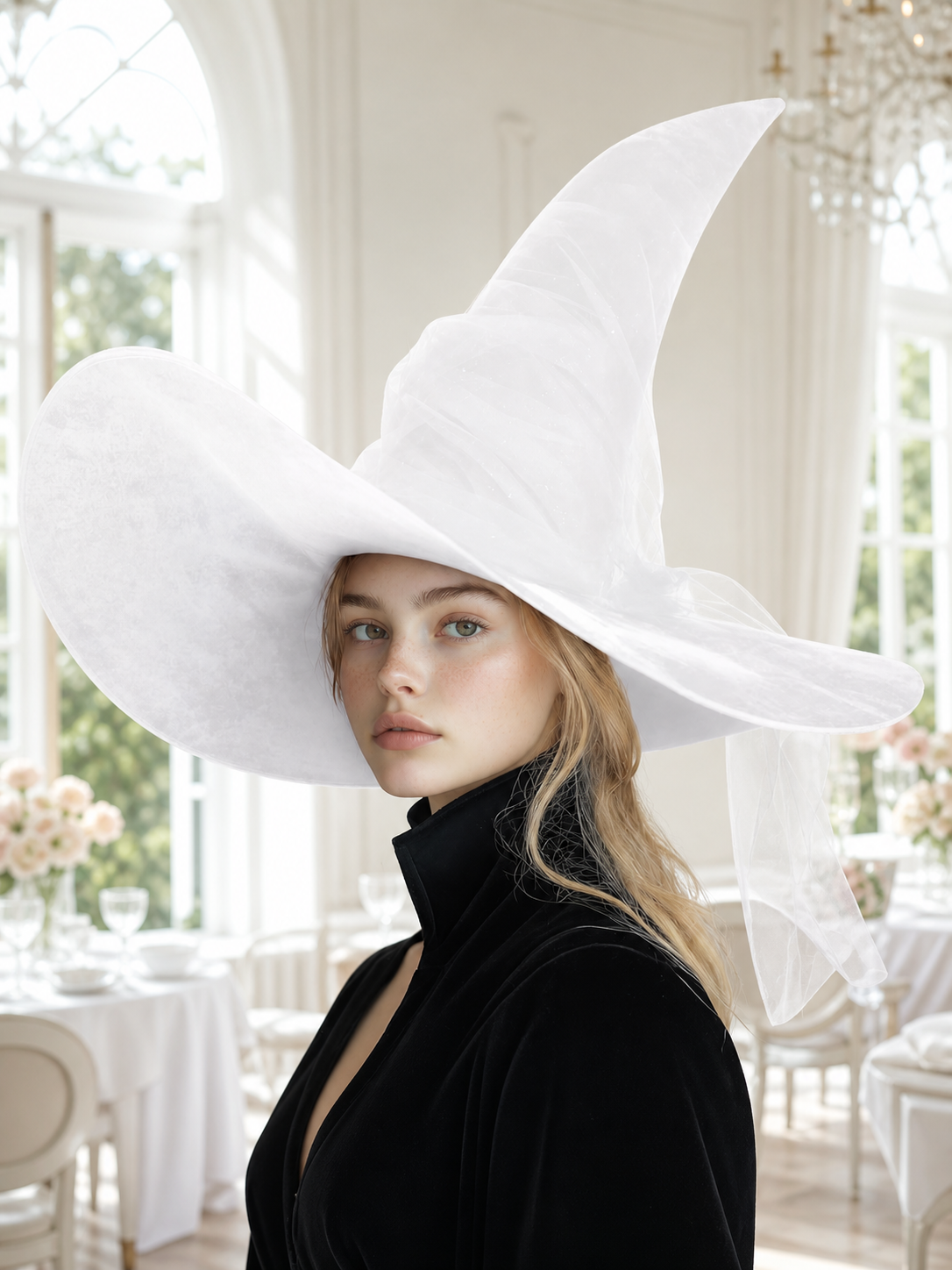 White Halloween Witch Hat With Wide Floppy Brim, Sheer Layered Fabric, Curved Pointed Crown And Trailing Veil For Cosplay Costume Party