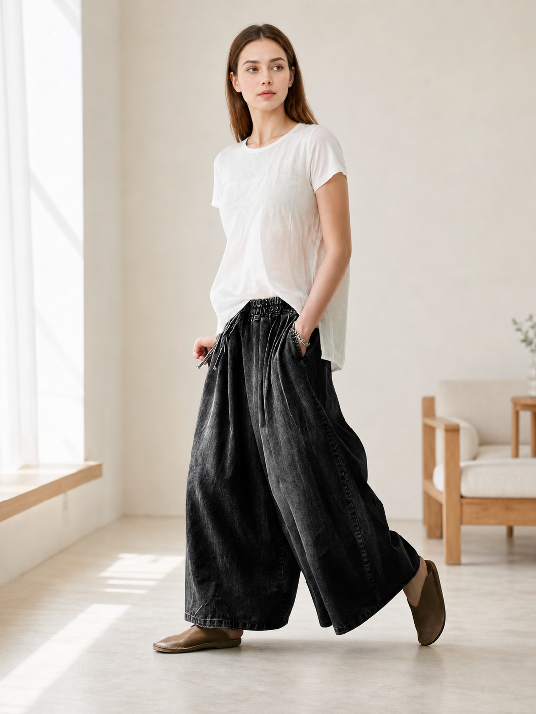 Black Wide-Leg Pants with Drawstring Waist, Elastic Waist, Side Pockets, Cropped lifestyle view 4