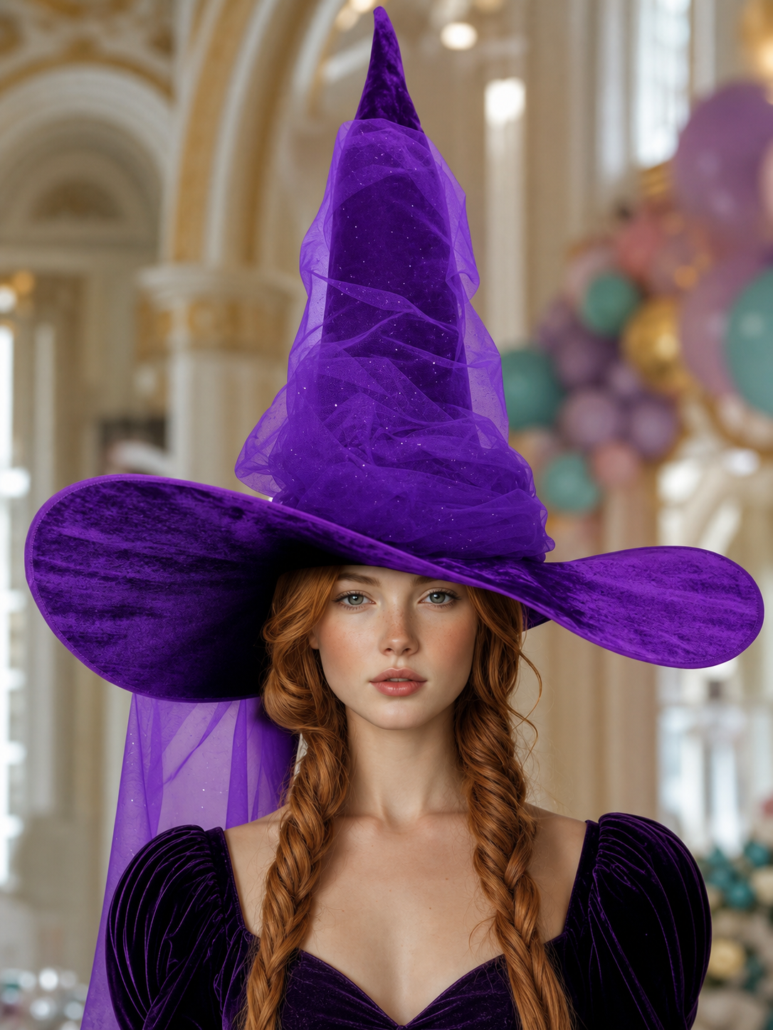 Purple Halloween Witch Hat for Women and Men, Tall Pointed Wide Floppy Brim with Layered Sheer Mesh Draping and Glitter-Like Specks for Cosplay Costume Party