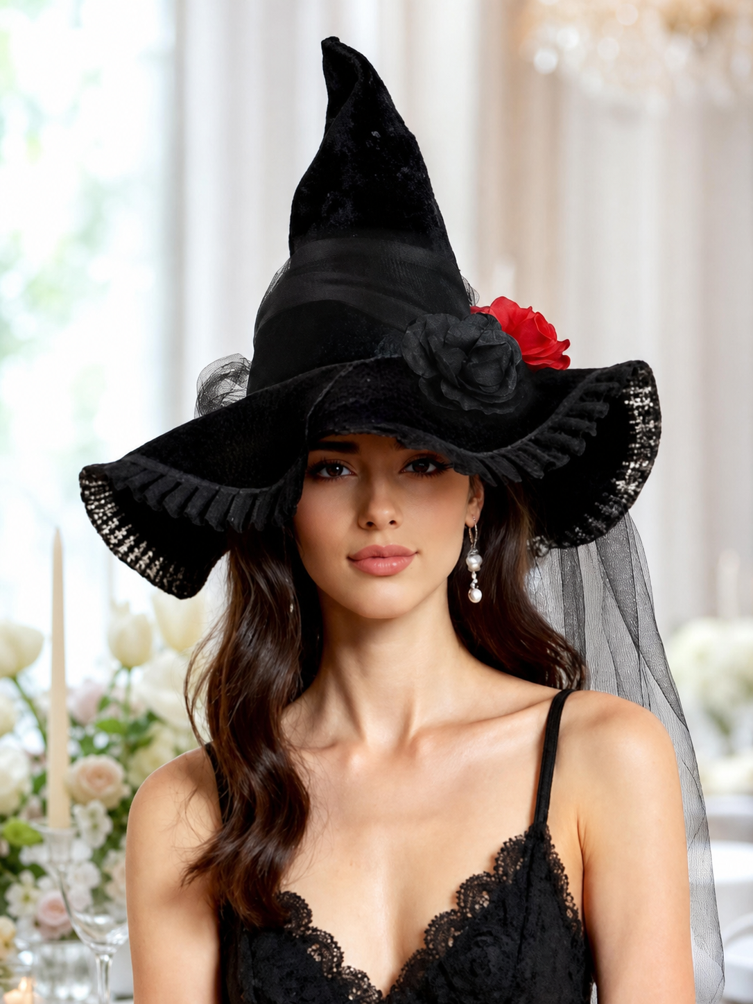 Black Halloween Witch Hat with Red Rose, Wide Brim, Tall Pointed Crown and Sheer Veil for Costume Parties and Photo Shoots