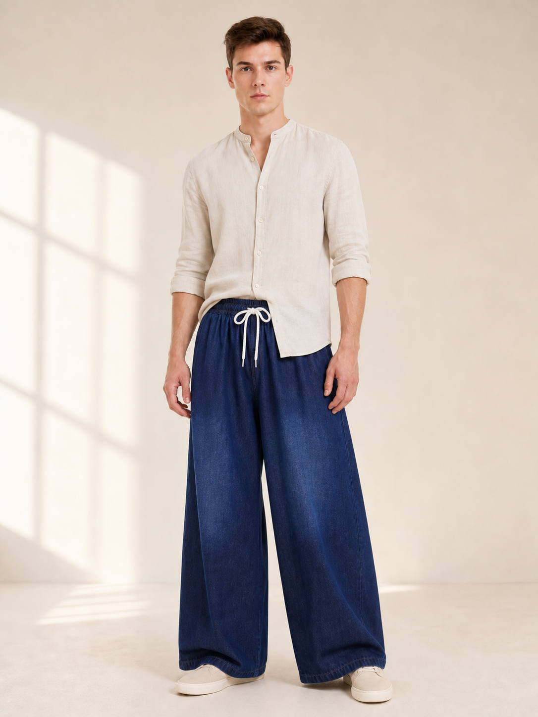 Wide-leg dark navy pants with drawstring lifestyle view 2