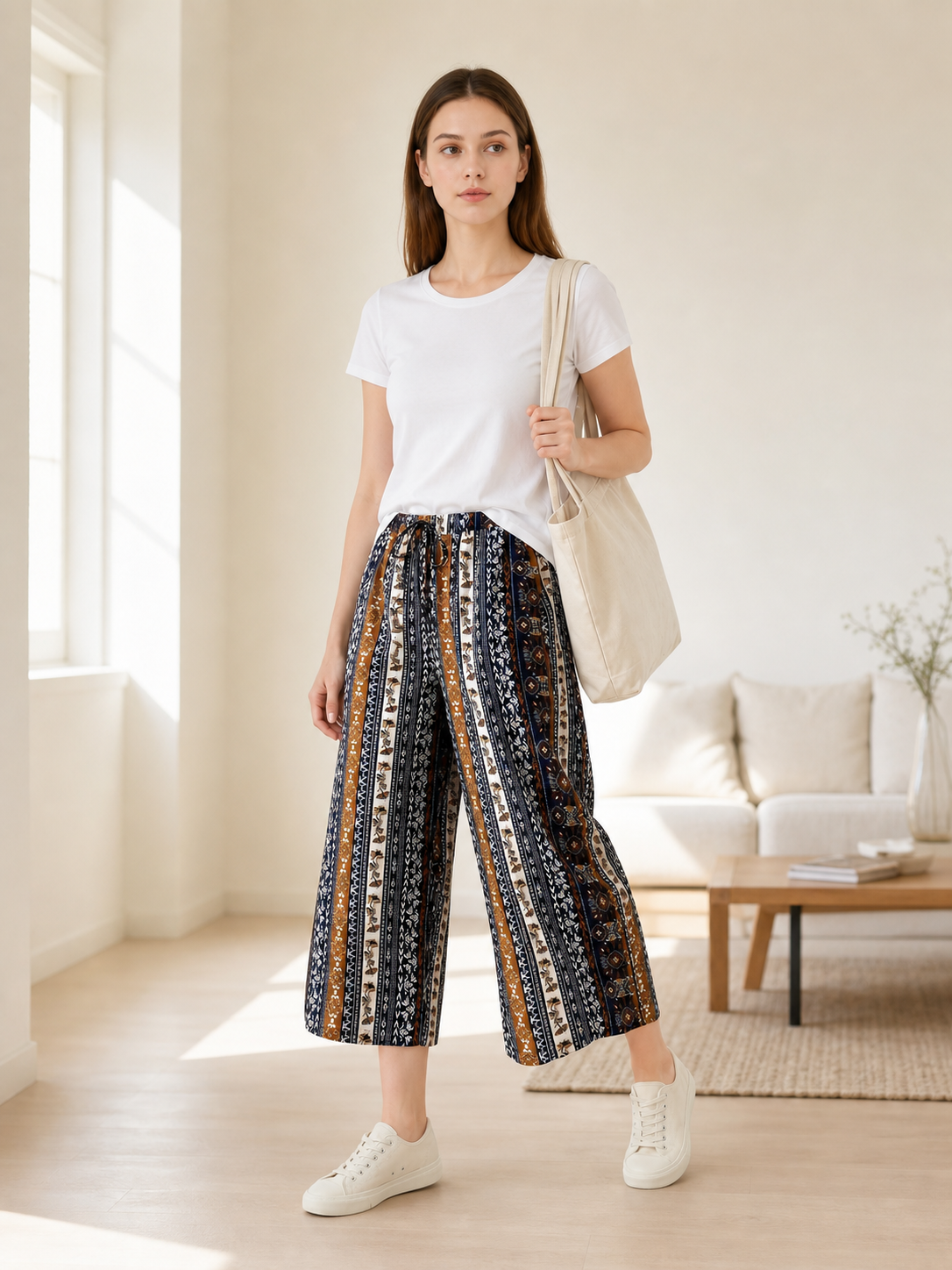 Bohemian High-Waist Wide-Leg Drawstring Pants with Multi-Color Vertical Stripes lifestyle view 2