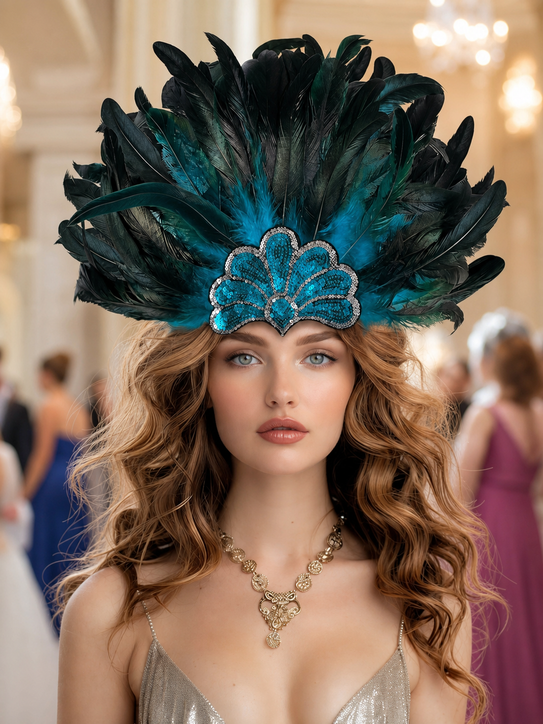 Feather Headpiece with Turquoise Sequins