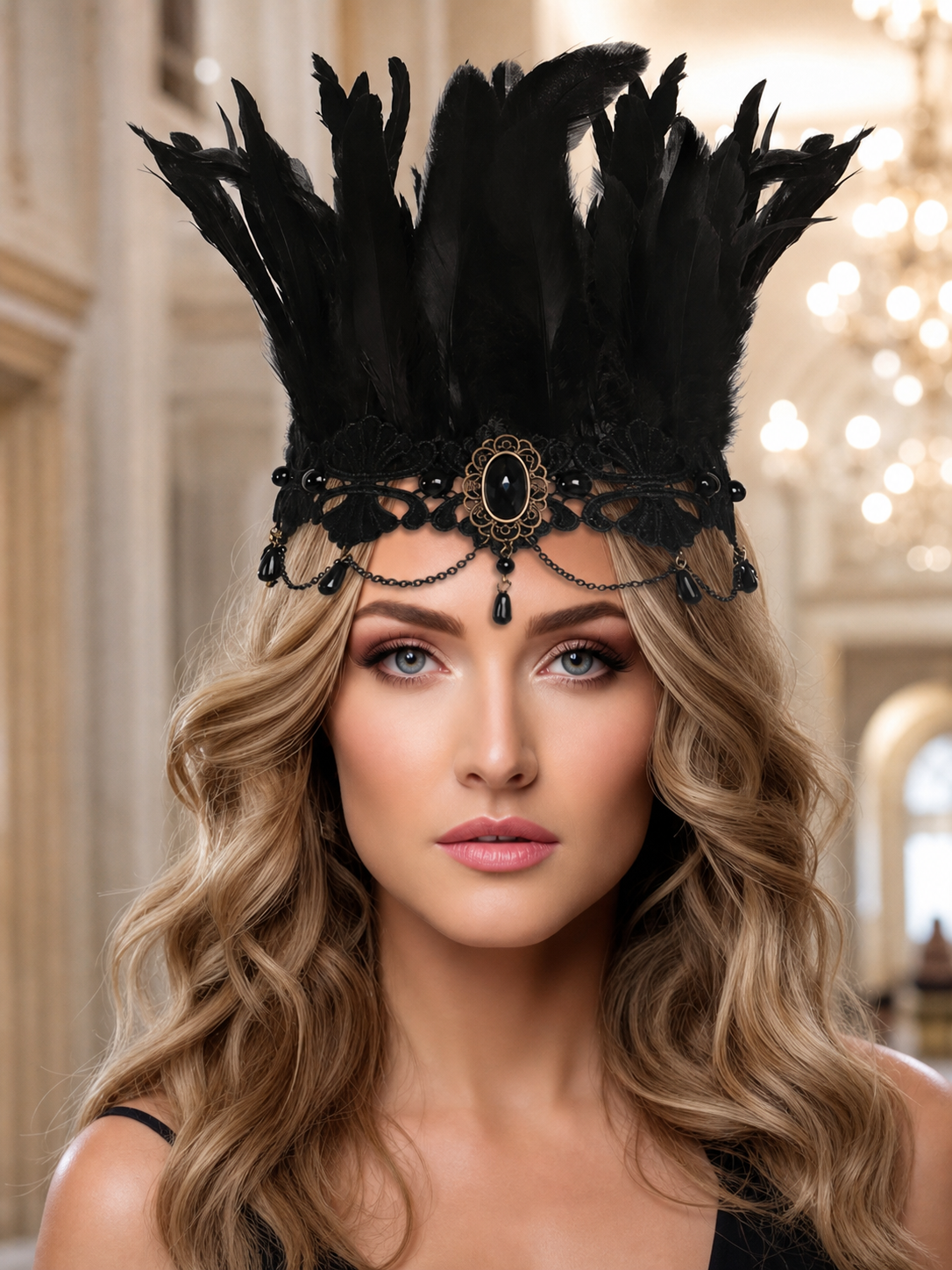 Black Feather and Lace Headpiece product view 21