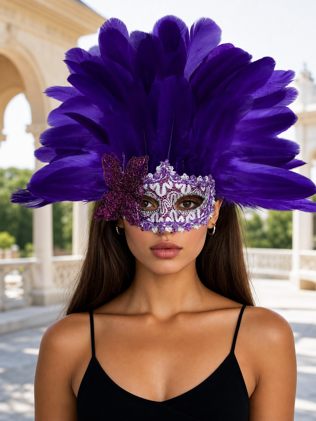 Carnival headdress with feathers and a mask