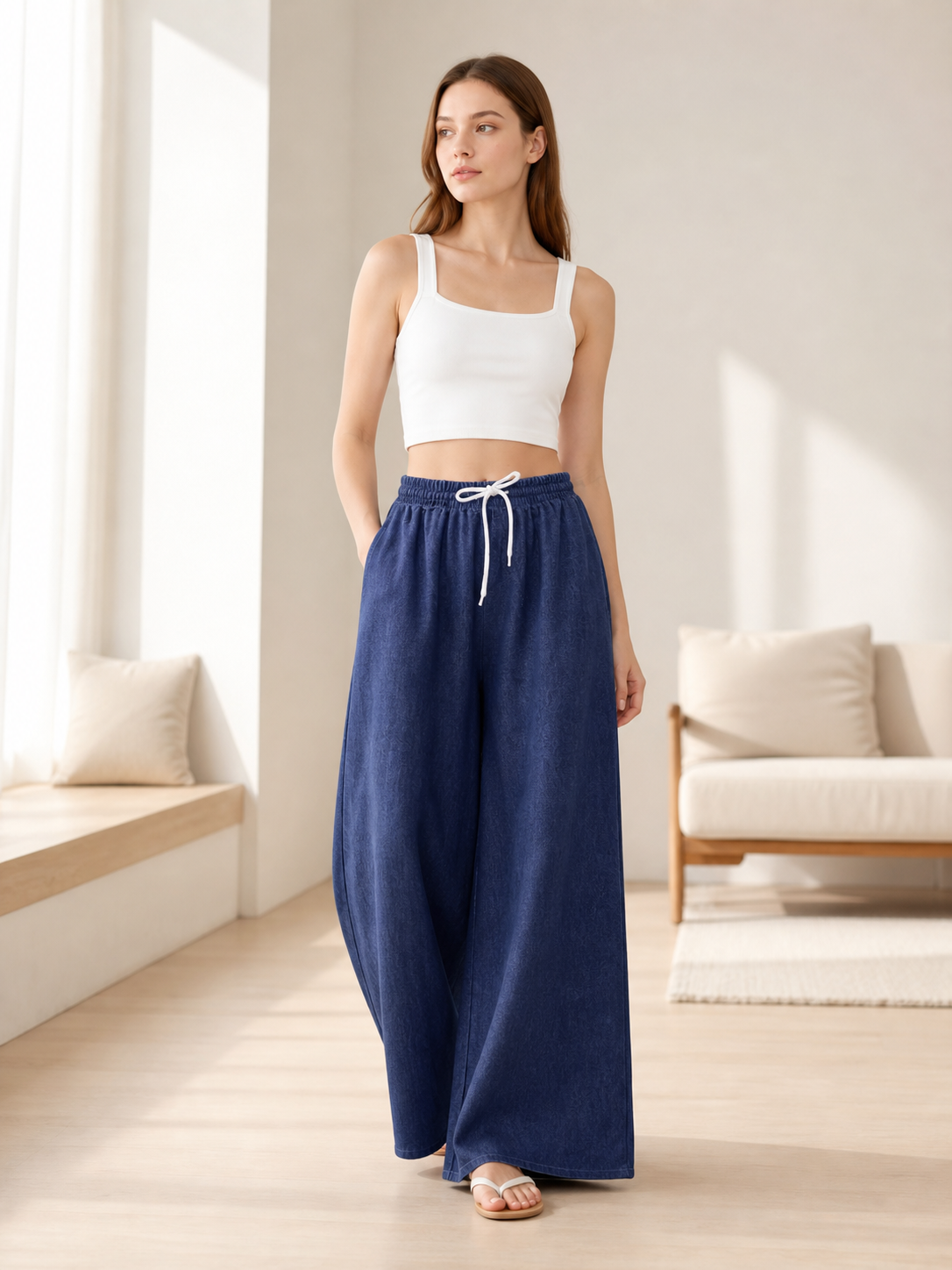 Dark Blue Palazzo Pants with an Elastic Waistband and White Drawstring lifestyle view 3