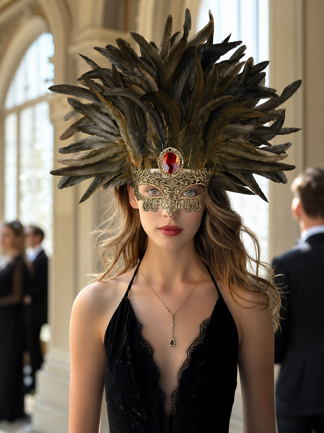 Carnival Headpiece with Mask and Feathers