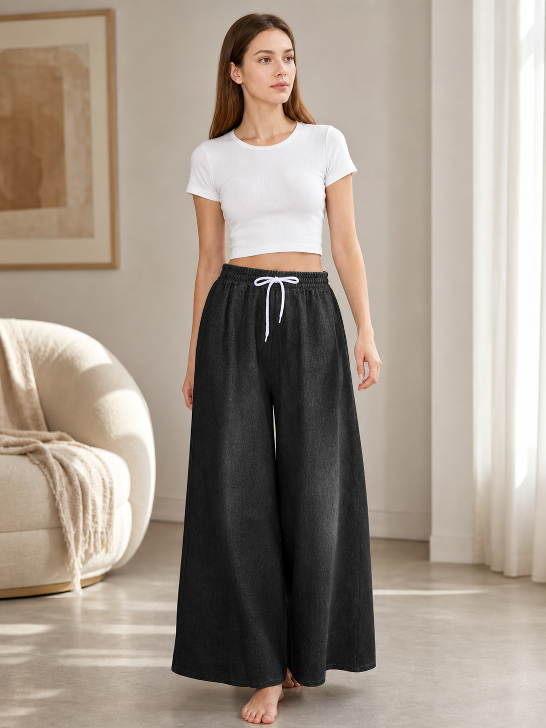 Solid Black Wide-Leg Pants with Elastic Waist and Contrast White Drawstrings lifestyle view 5