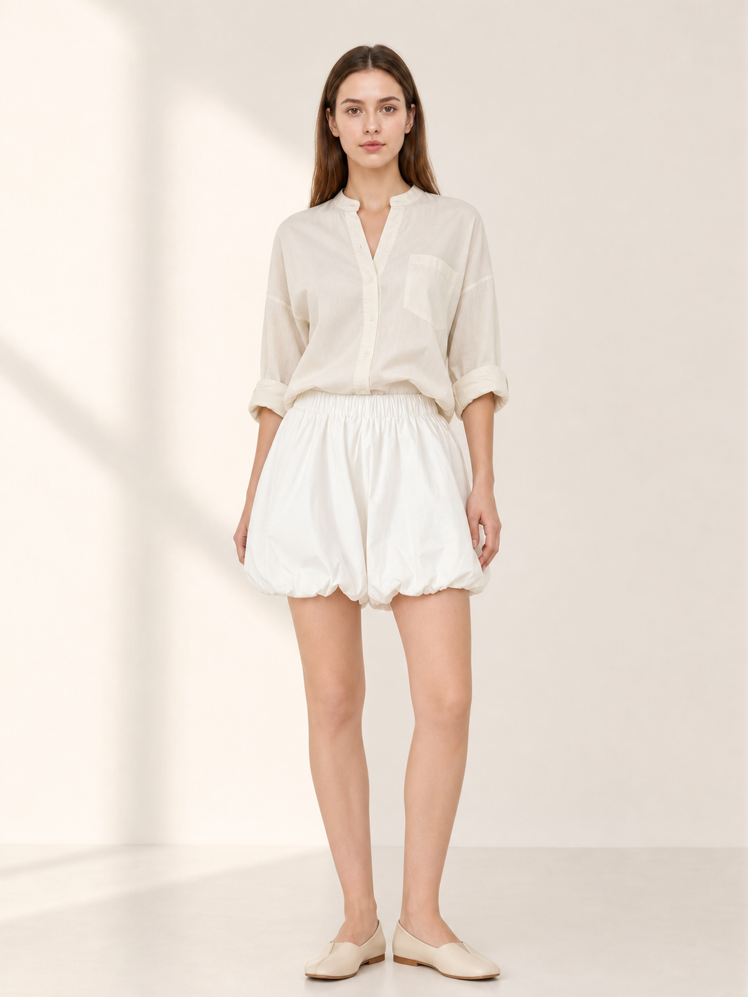 Women's White Balloon Shorts with Elastic Waistband lifestyle view 2