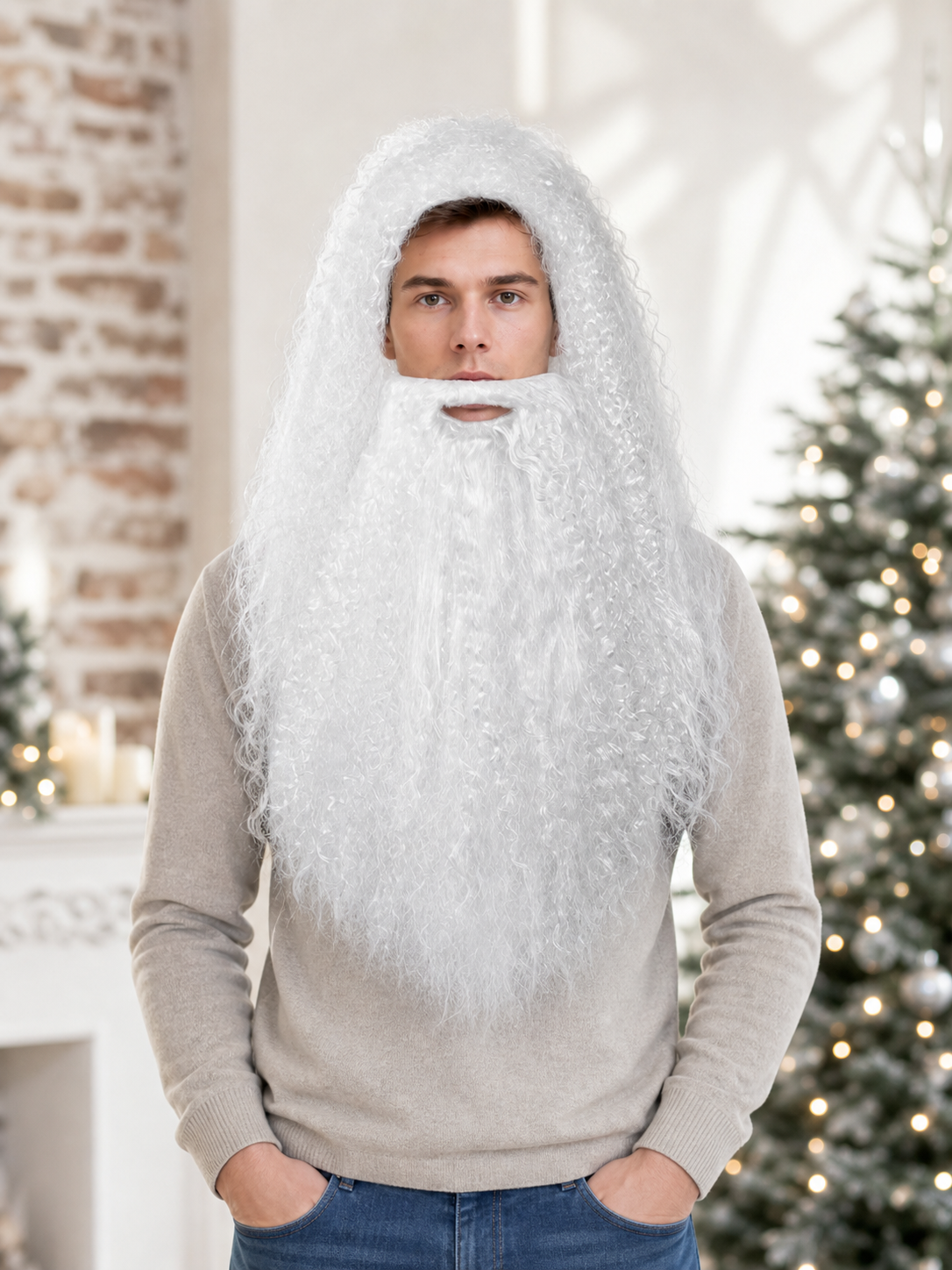 White curly wig and long beard worn with a beige sweater in a festive room with a decorated tree
