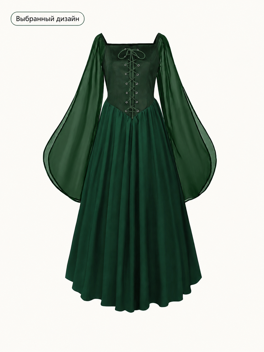 Green Dress with Lace-Up Detail and Flared Sleeves Costume Dresses detail 3