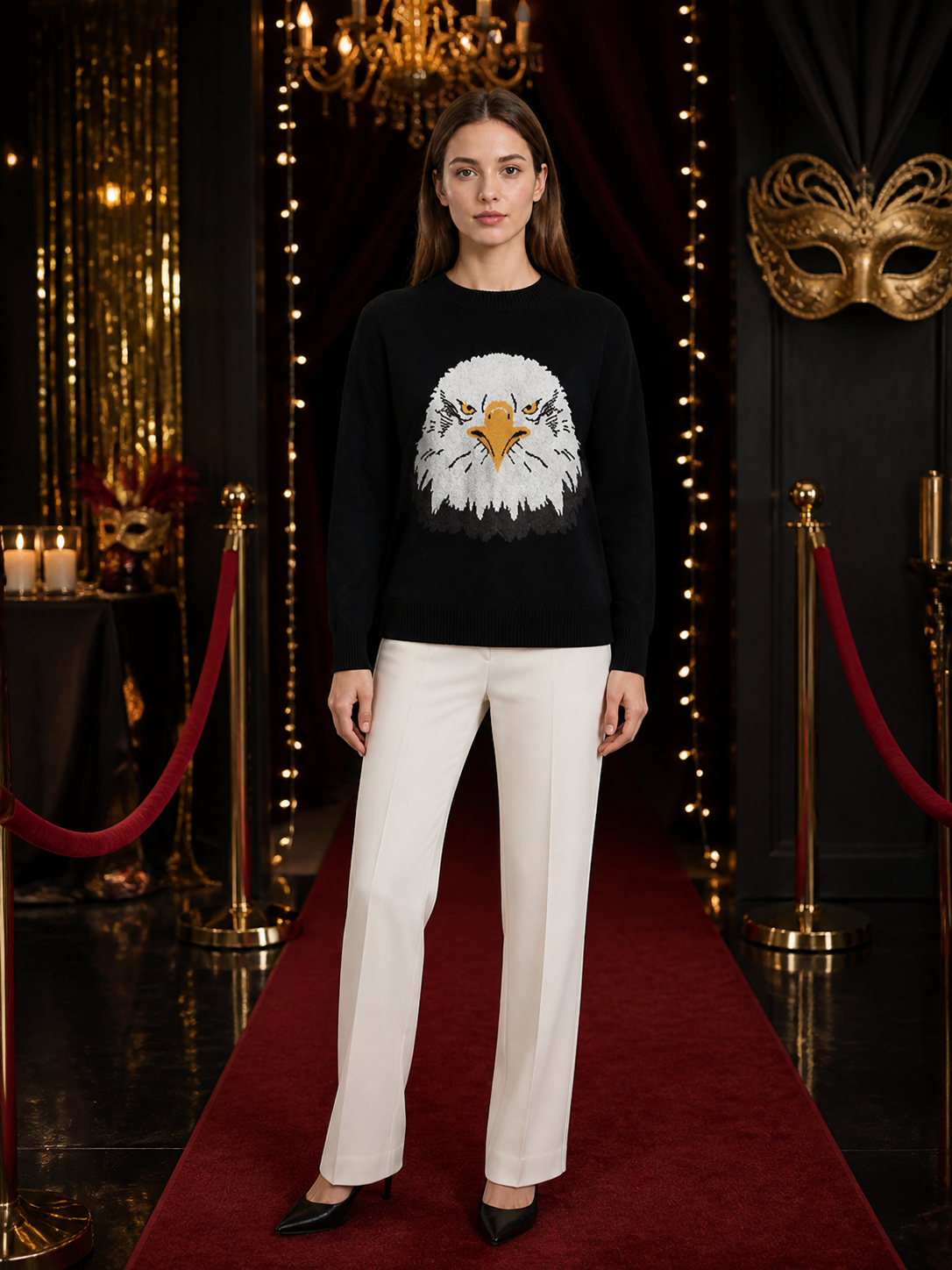 Black Long Sleeve Crew Neck Knit Sweater Featuring a White Eagle Head with