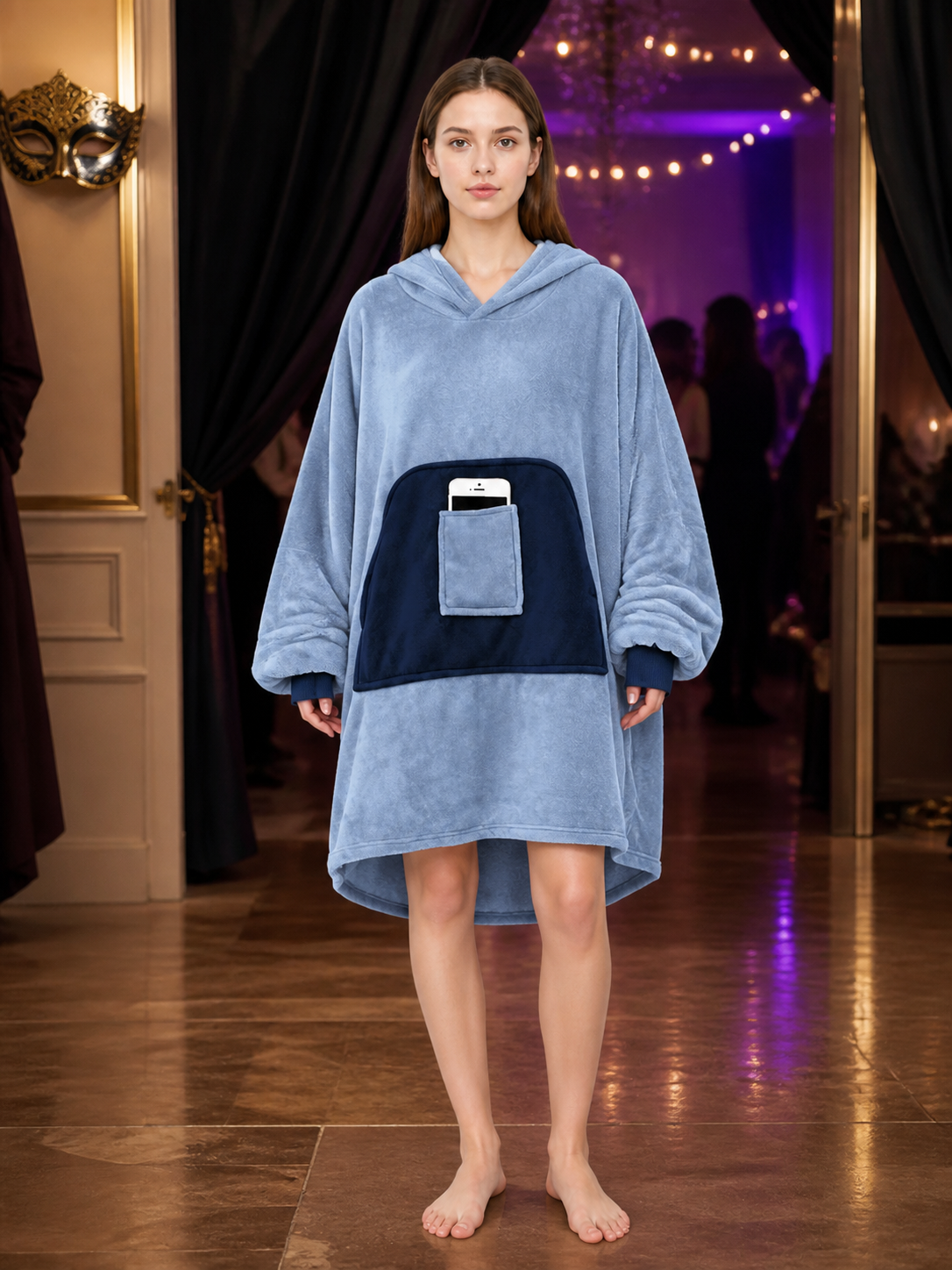 This hooded long coat features a sky blue body with navy patchwork front panels detail view