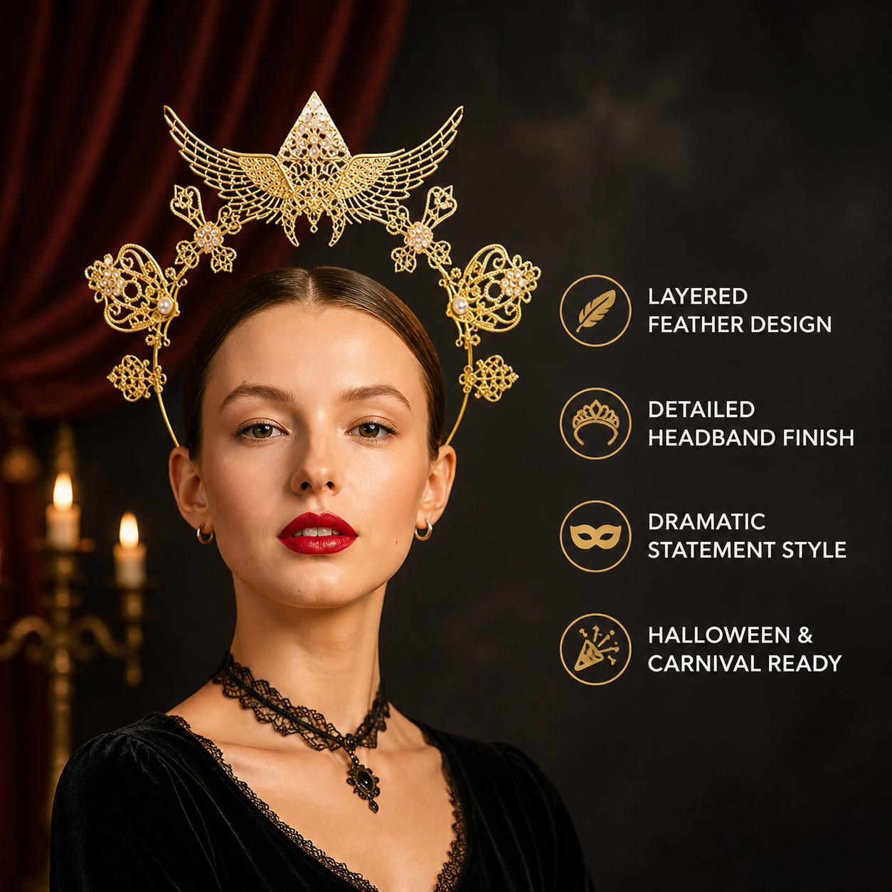 1pc Gold Halo Wing Headband, Ornate Metal Headpiece with Symmetrical Floral and