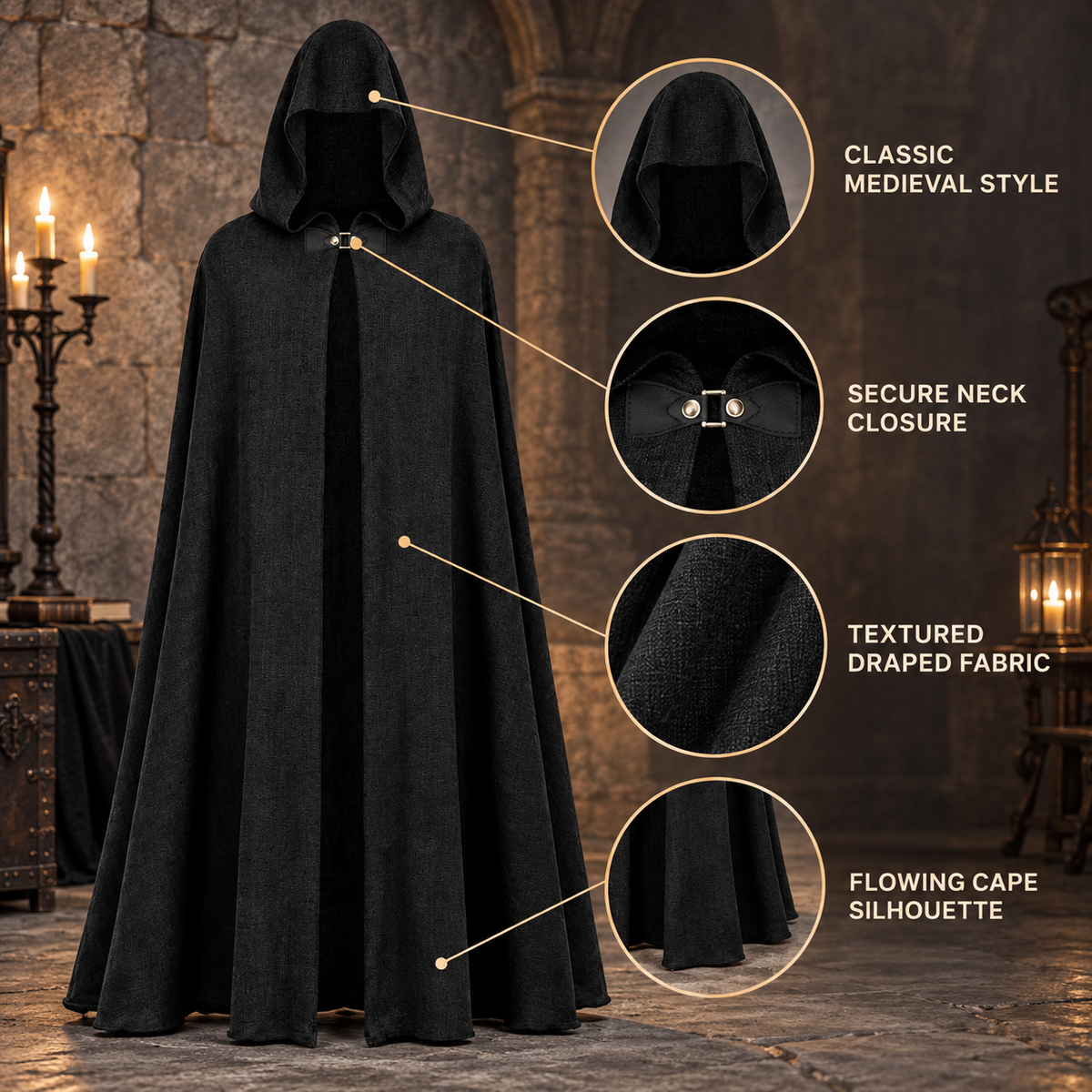 Black polyester cape-plash with a belt and wrist detail, casual-style model