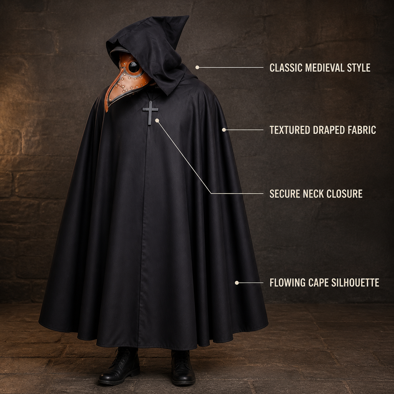 Medieval Gothic Short Hooded Cloak for Adults, Black Cape with Pointed Hood and