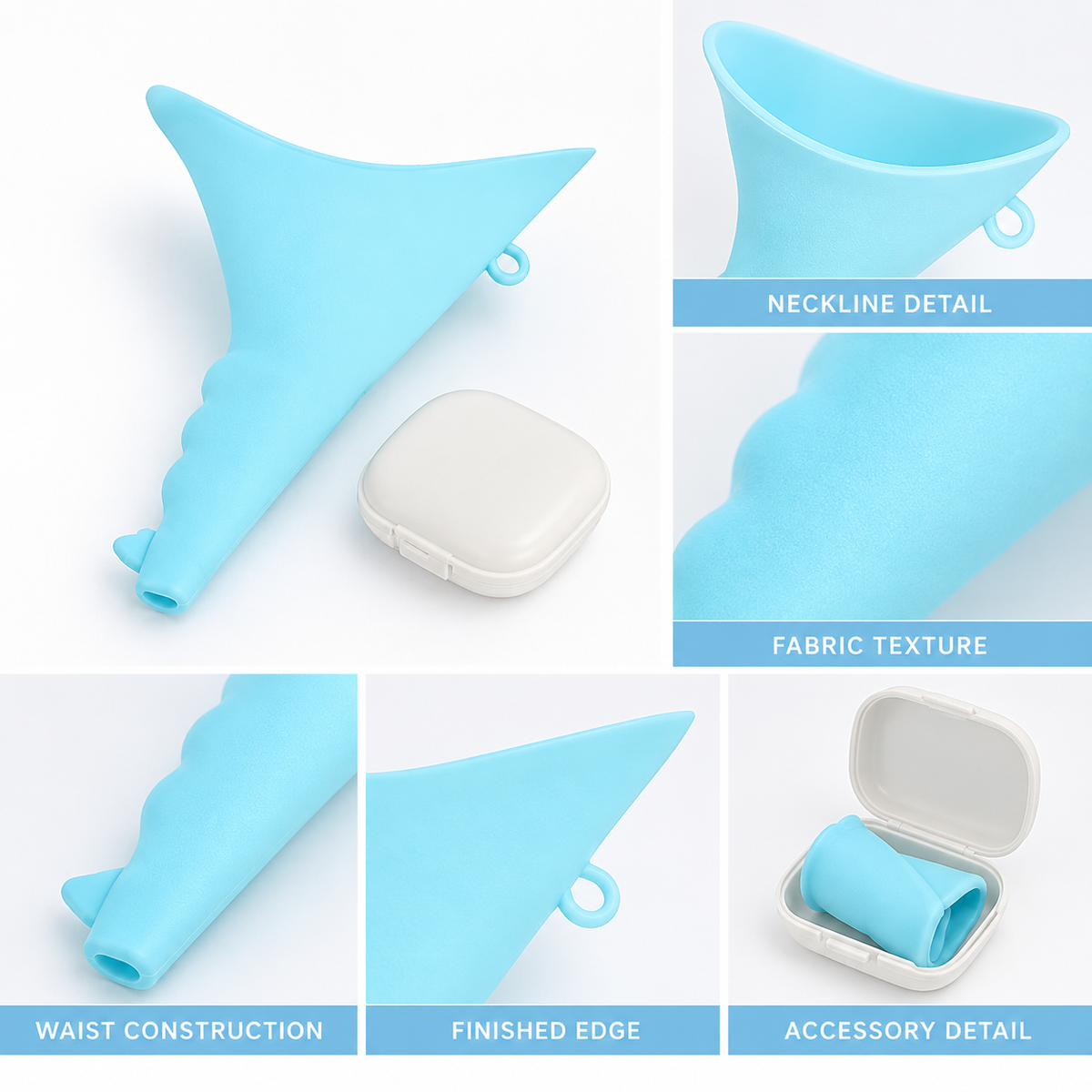 Funnel-shaped urination device with a wavy edge, wide opening, and tapered spout