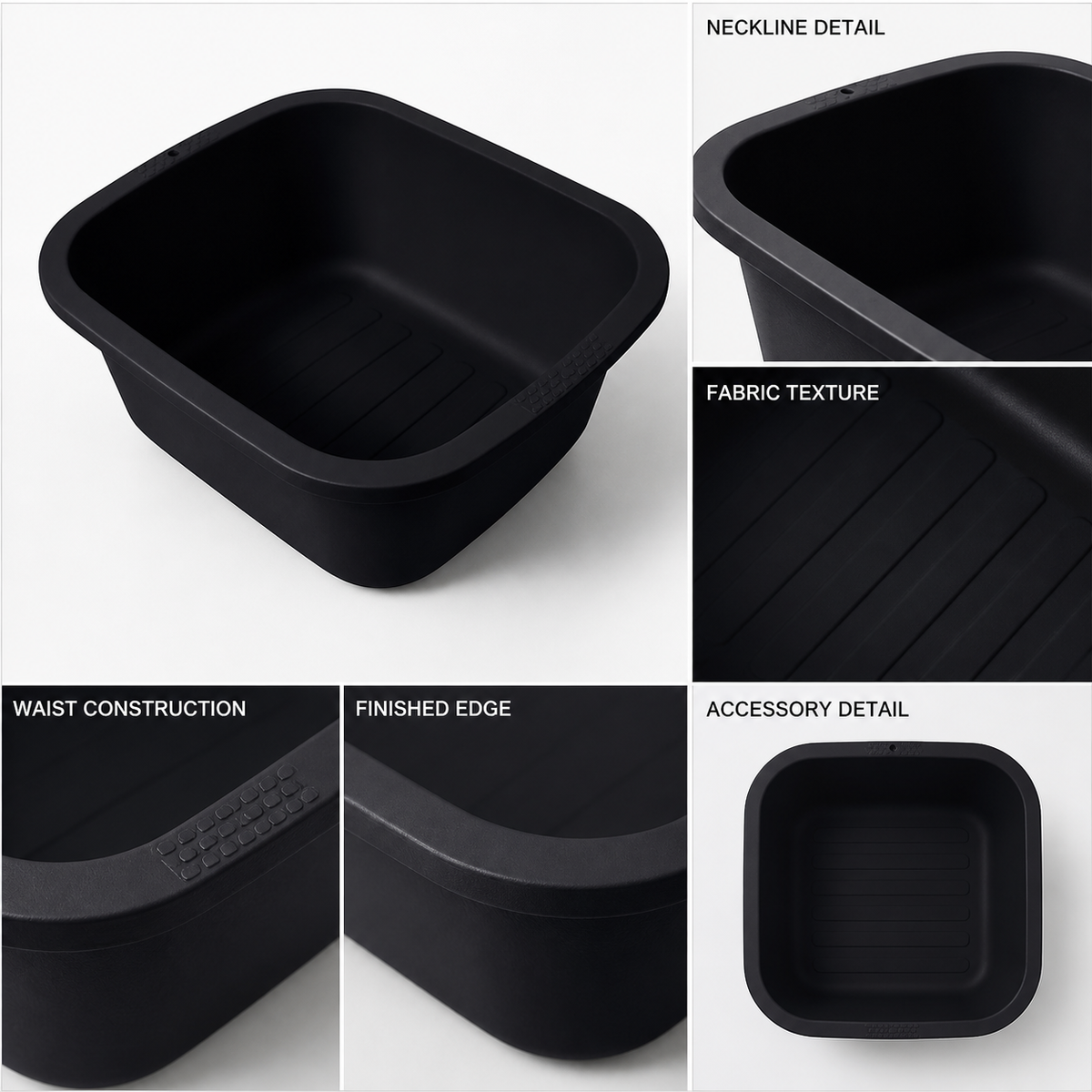 Black Square Plastic Water Bucket, Wide Rounded Rectangular Opening, Tapered detail view 4