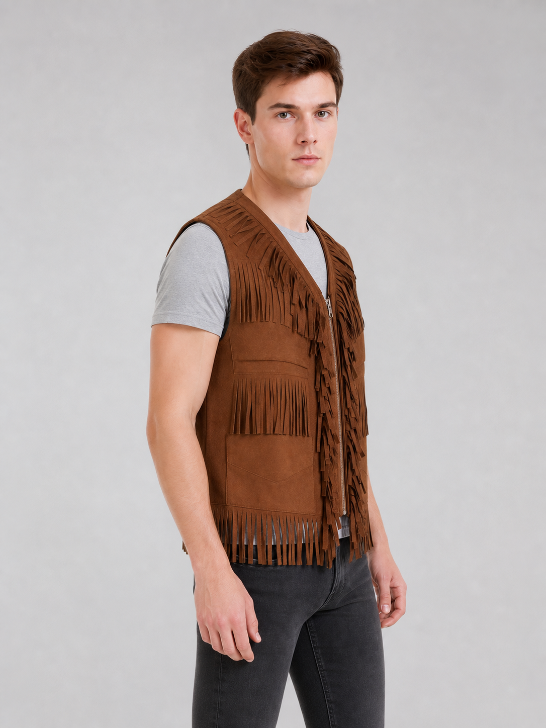 Western-Style Khaki Vest with Fringe