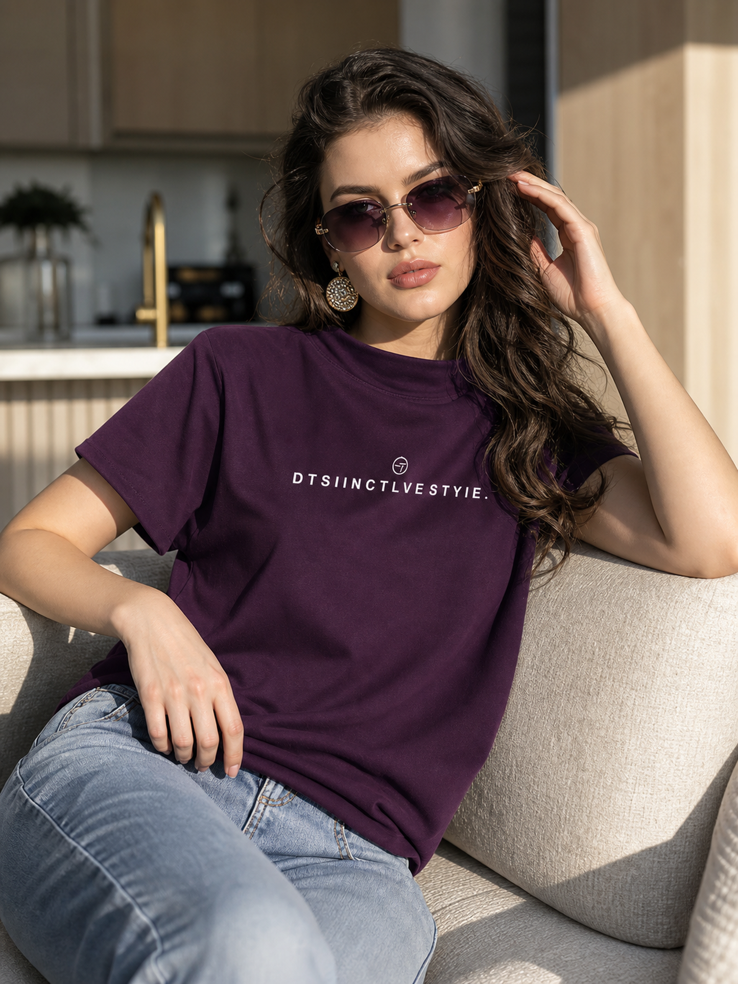 Women's Loose-Fit Printed T-Shirt, Plum Purple side view