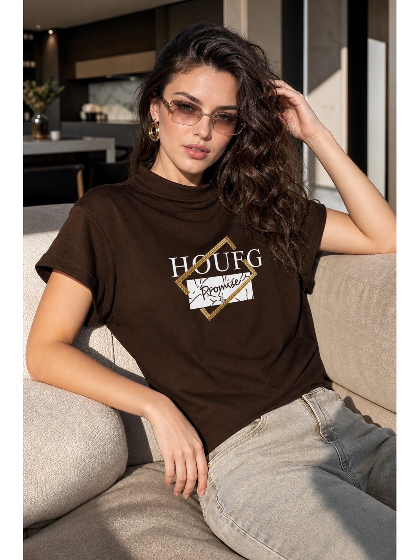 Women's Printed T-Shirt, Short Sleeve, High Neck side view