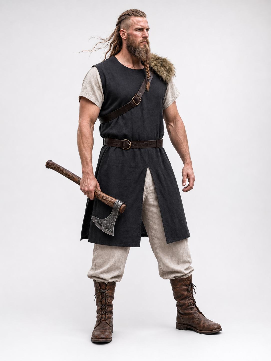 Black Sleeveless Tunic with Fur Trim and Belt side view 2
