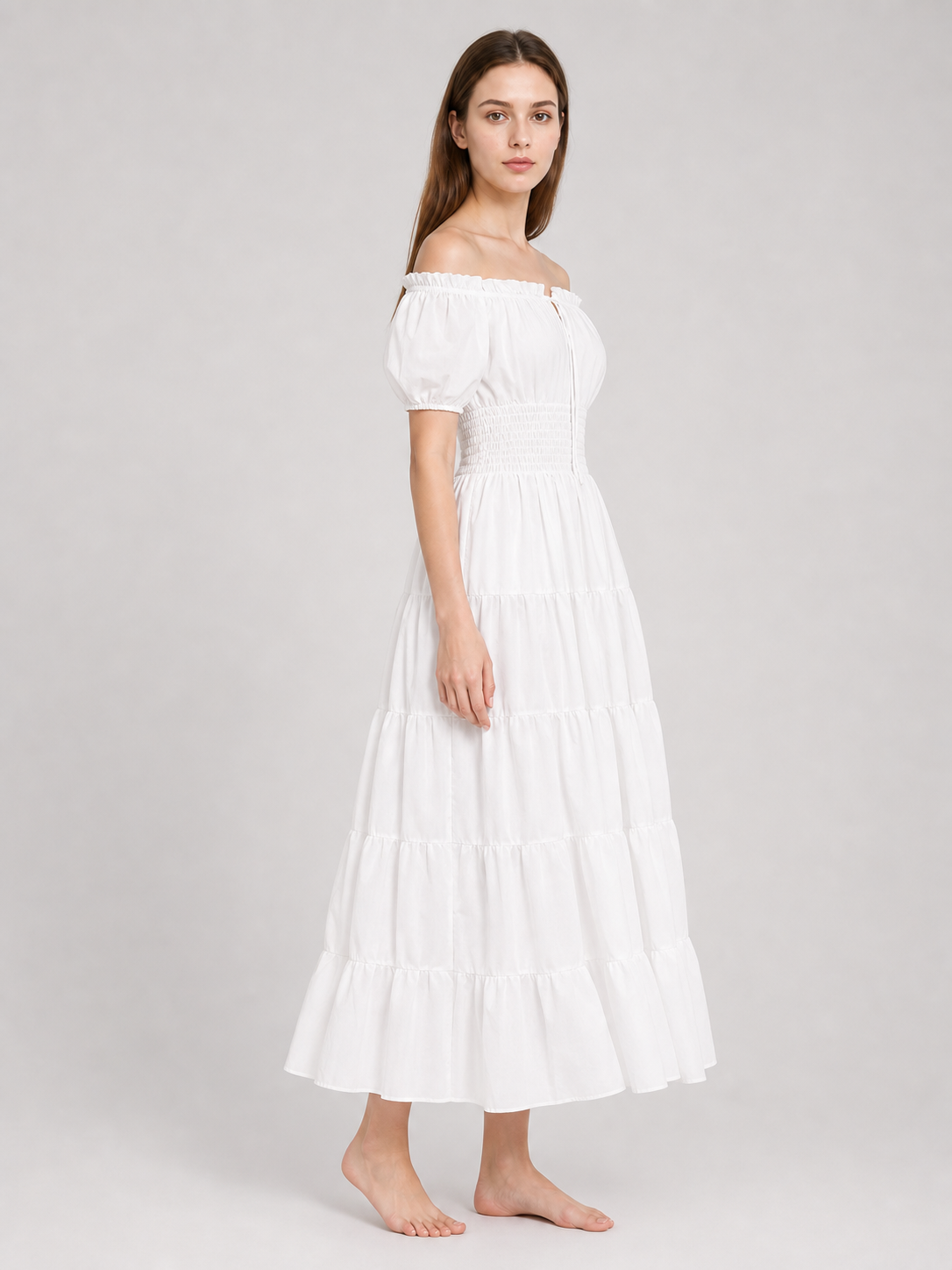 White Off-the-Shoulder Tiered Maxi Dress