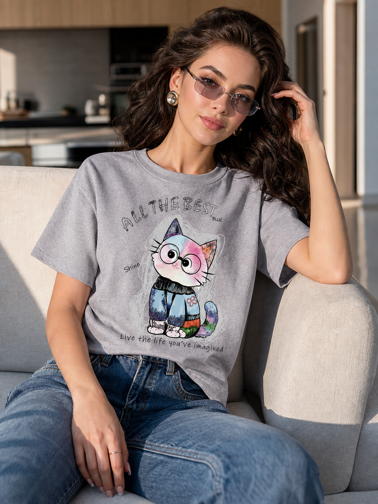 Women's Cat Print T-Shirt, Knit, Relaxed Fit side view
