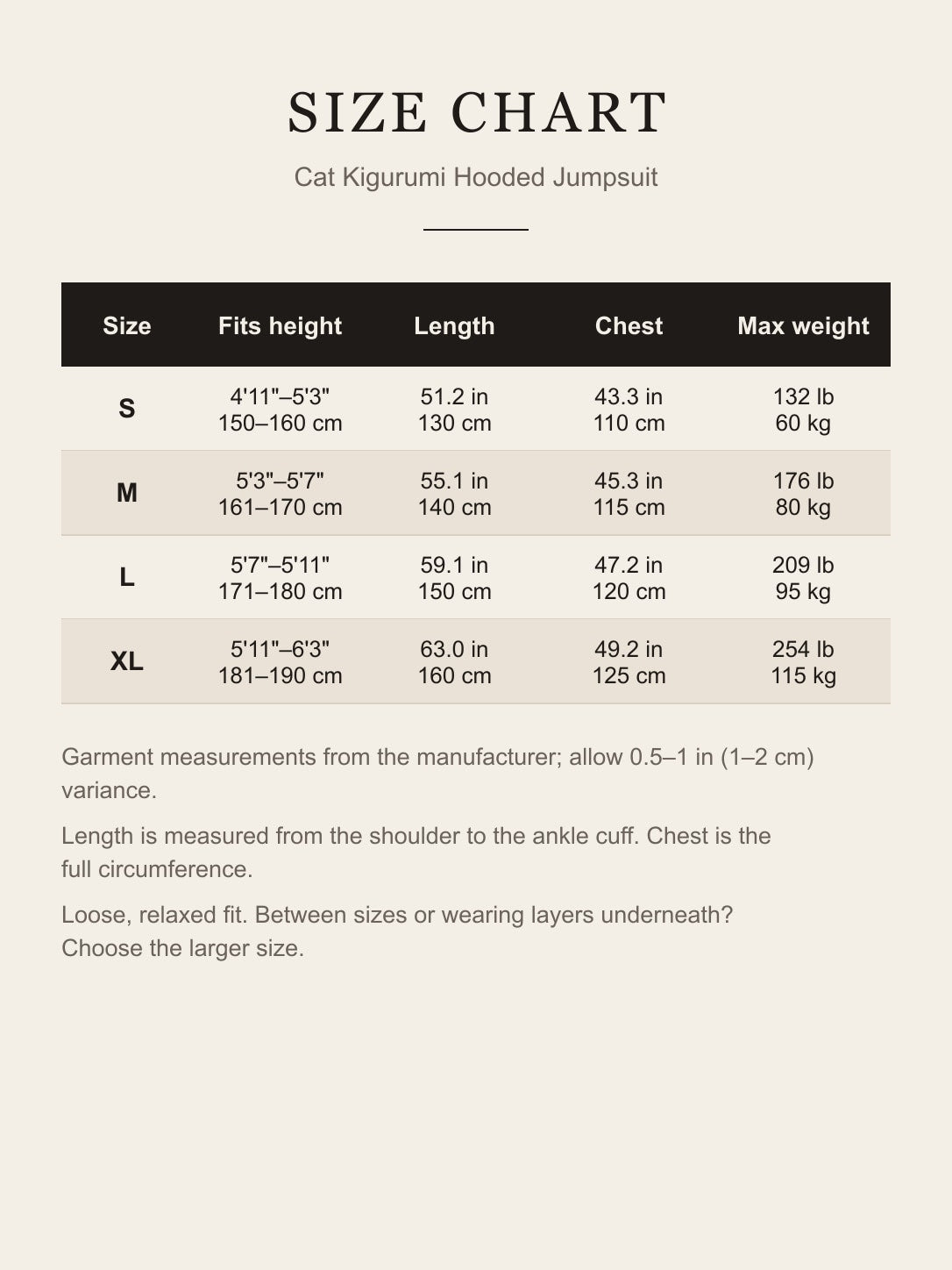 Size chart for the cat kigurumi: fits height, length, chest and max weight for S, M, L and XL in inches and centimeters
