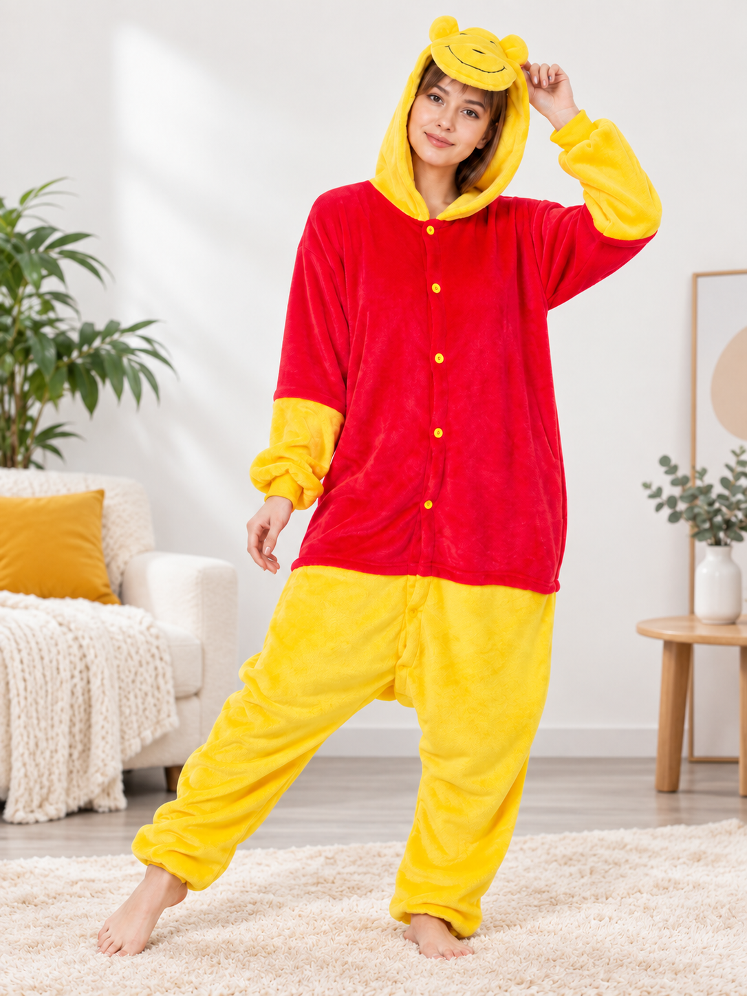Red and Yellow Hooded One-Piece Pajamas size guide