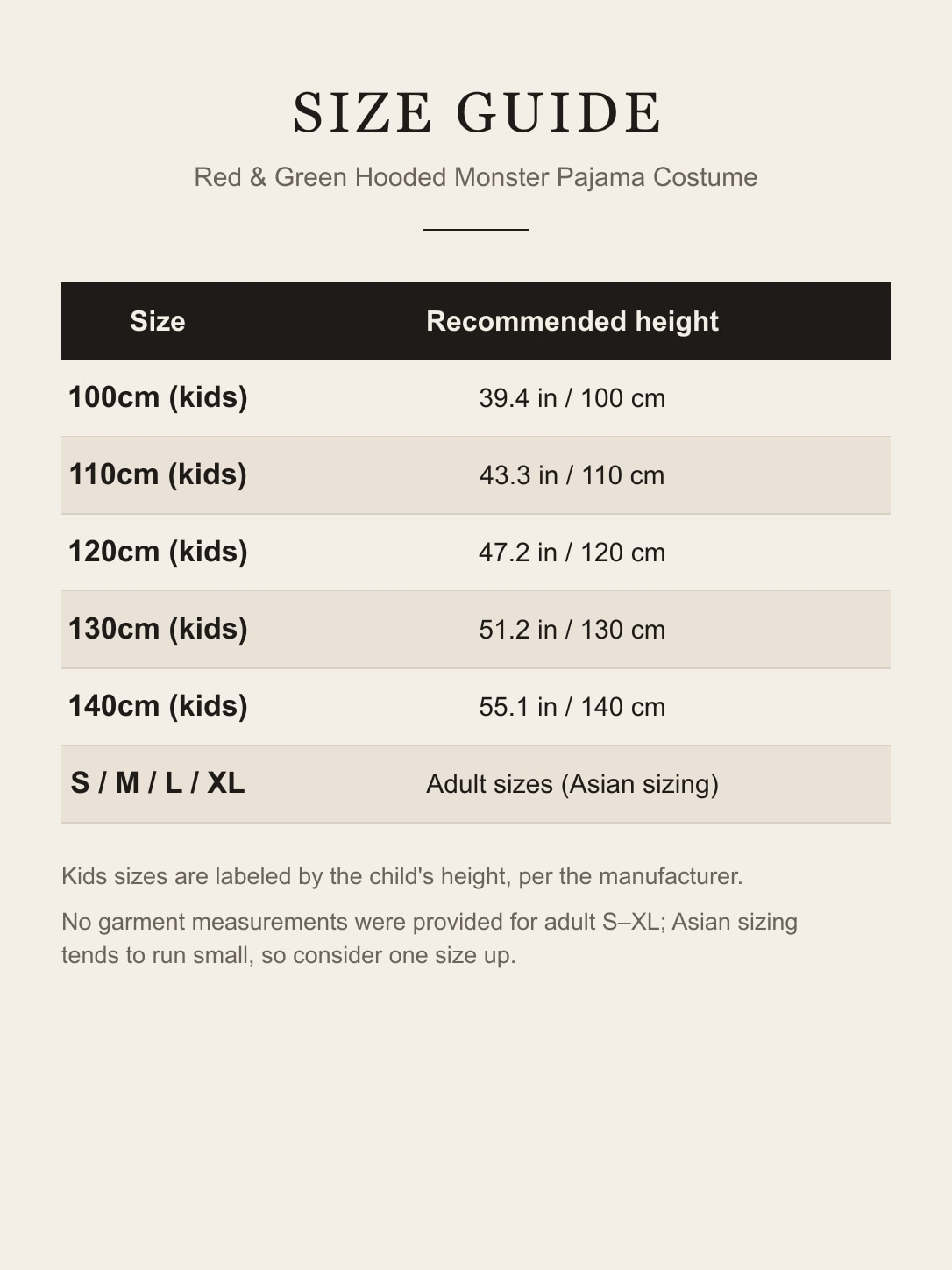 Size guide: kids' heights 100–140 cm and adult S–XL