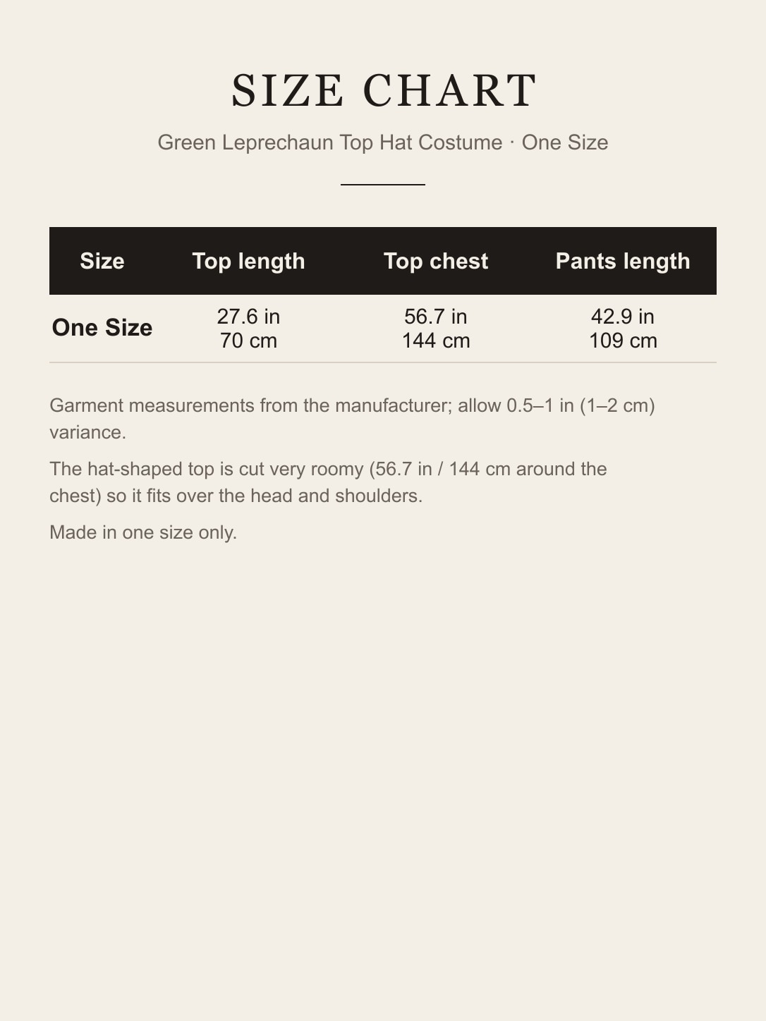 Size chart for the one-size green leprechaun top hat costume: top length, top chest and pants length in inches and centimeters