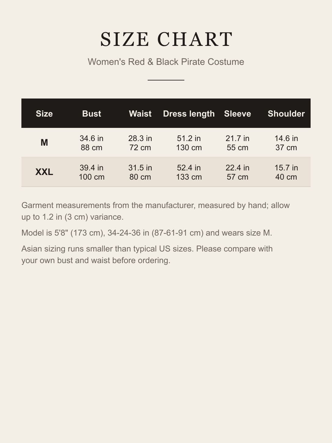 Size chart for the women's pirate costume: bust, waist, dress length, sleeve and shoulder for M and XXL in inches and cm
