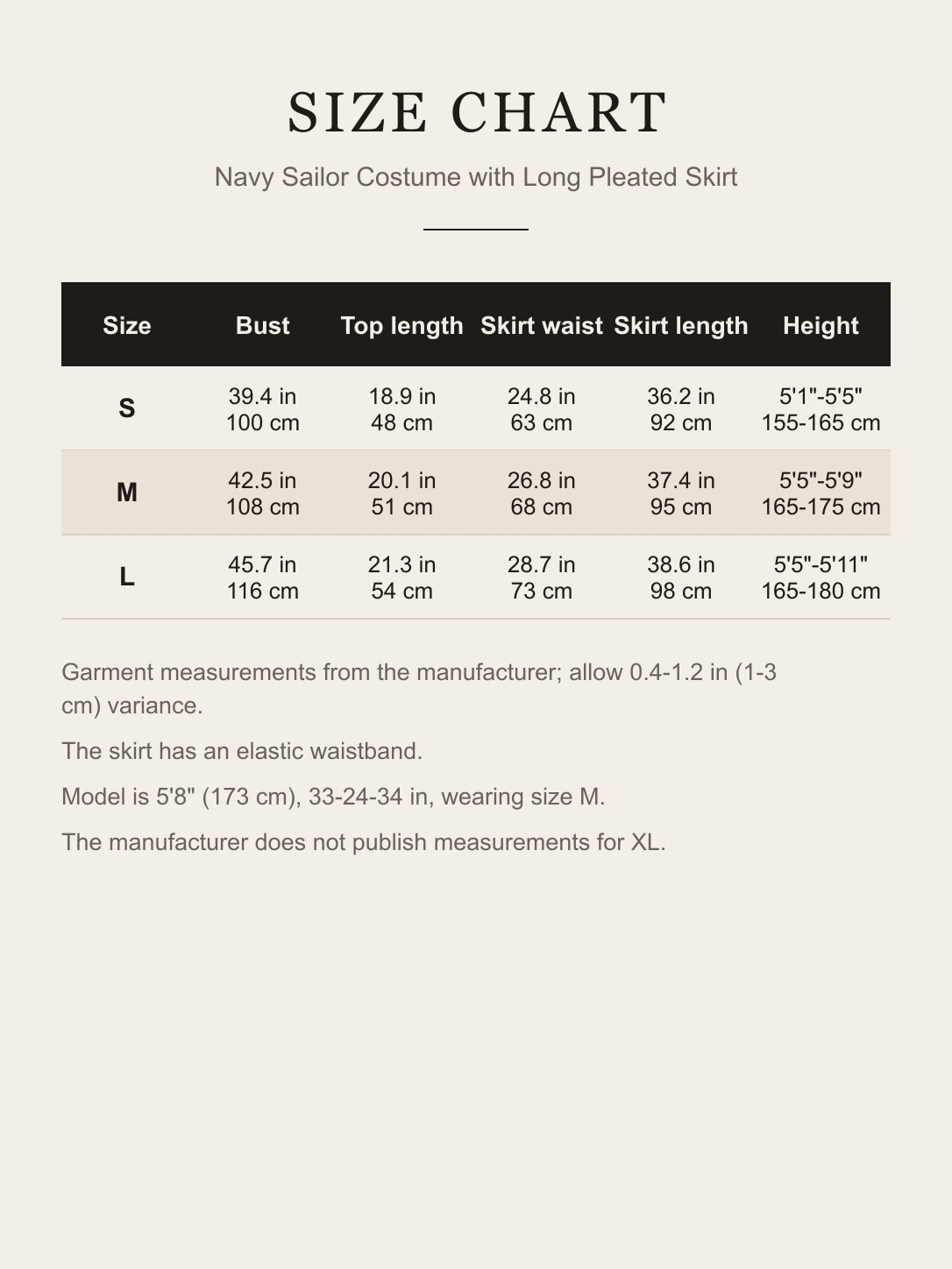 Size chart for the navy sailor costume, sizes S to L in inches and centimeters