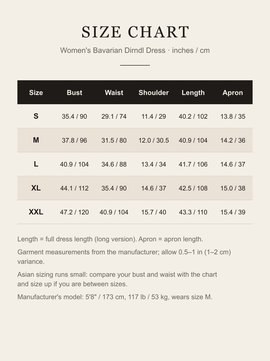 Size chart for the women's Bavarian dirndl dress, S to XXL, inches and centimeters