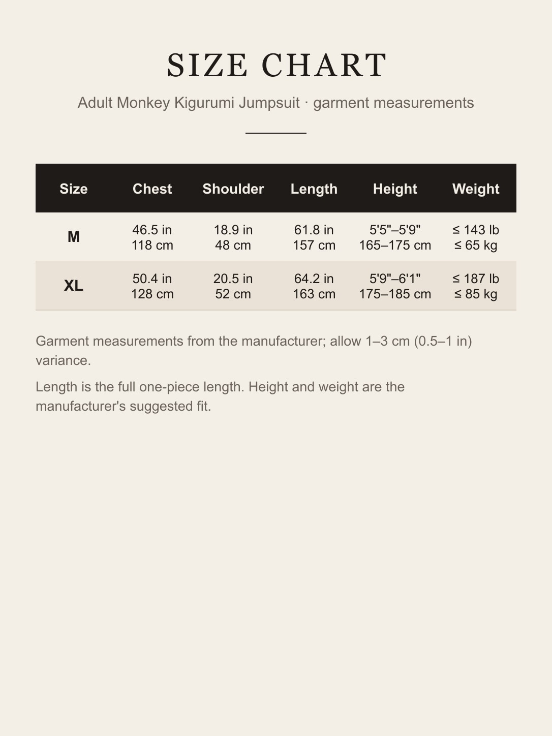 Adult Monkey Kigurumi Costume with Hood size guide