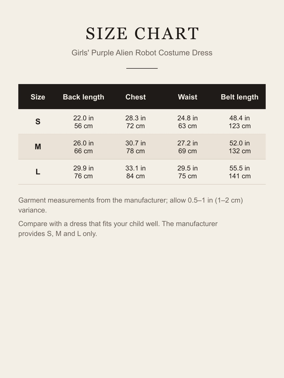 Size chart for the girls' alien robot costume dress: back length, chest, waist and belt length for S, M and L in inches and centimeters