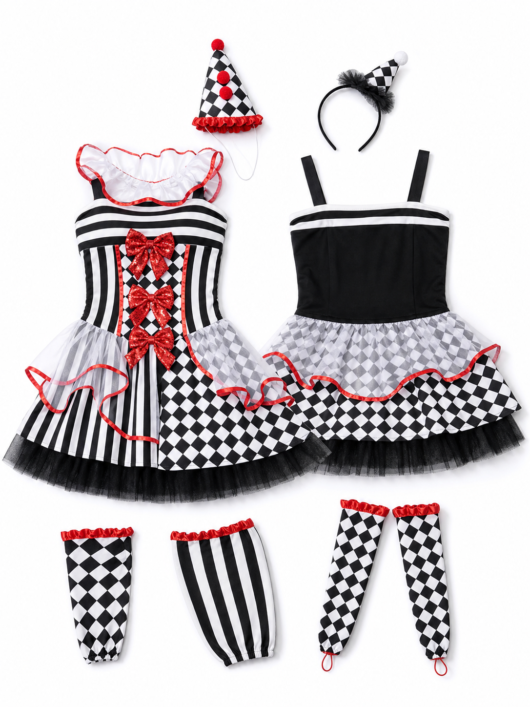 Clown Carnival Costume: Dress, Gloves, and Cap