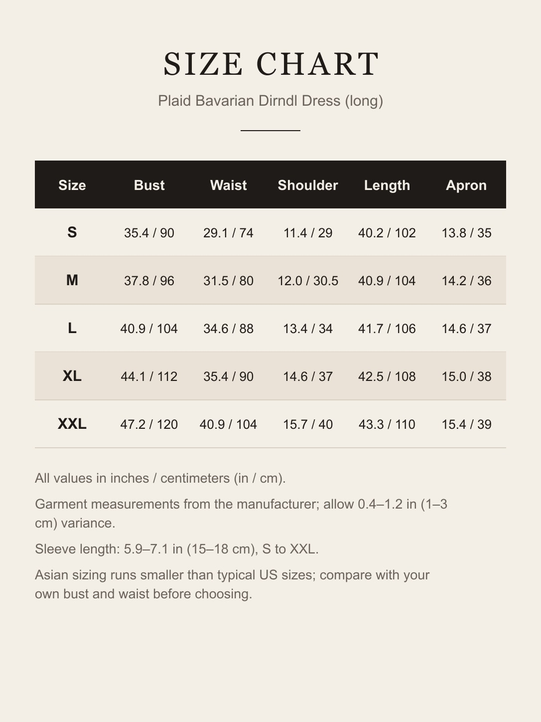 Size chart for the long navy dirndl dress: bust, waist, shoulder, length and apron for S to XXL in inches and centimeters