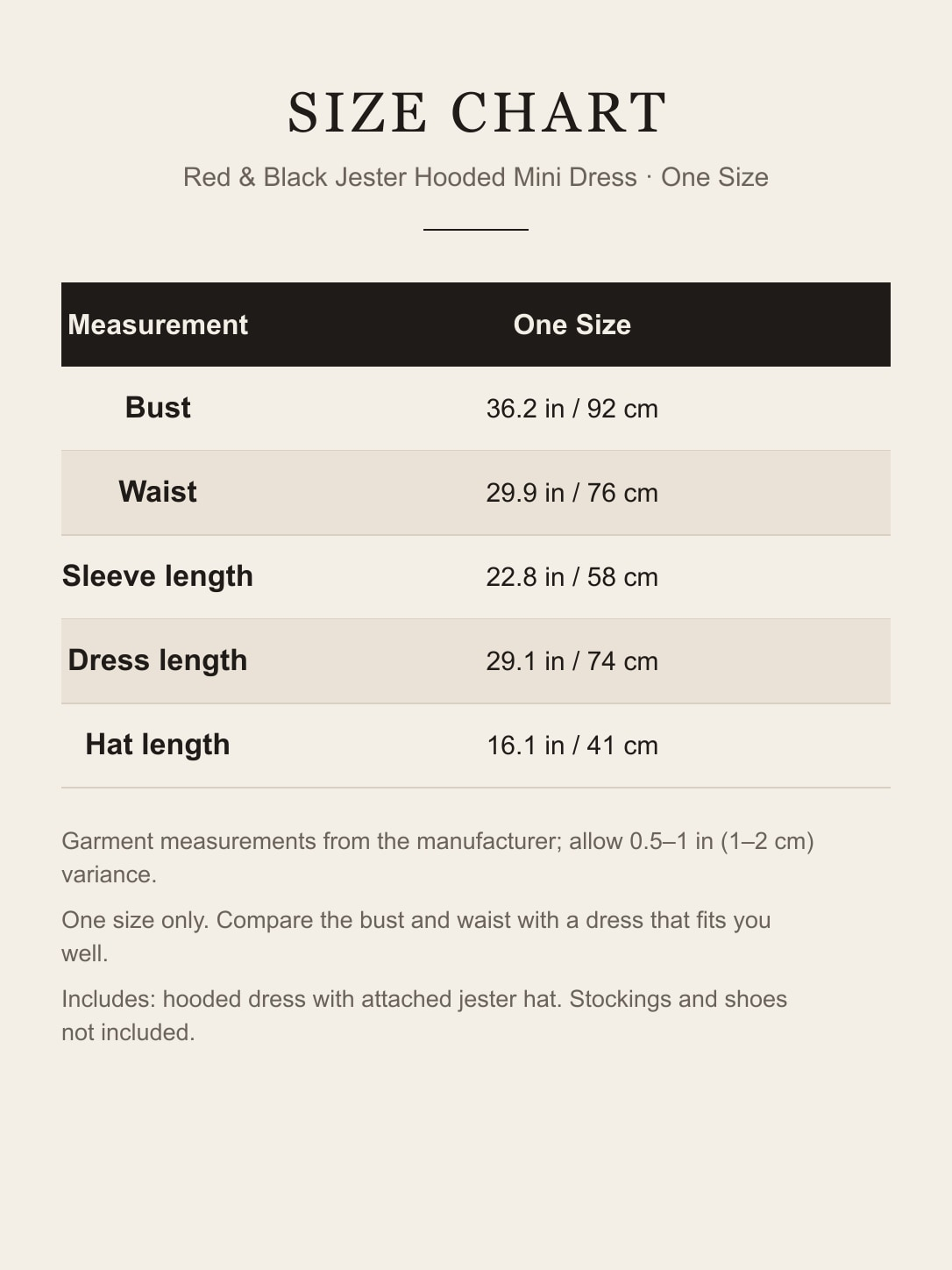 Size chart for the one-size jester costume: bust, waist, sleeve, dress length and hat length in inches and centimeters