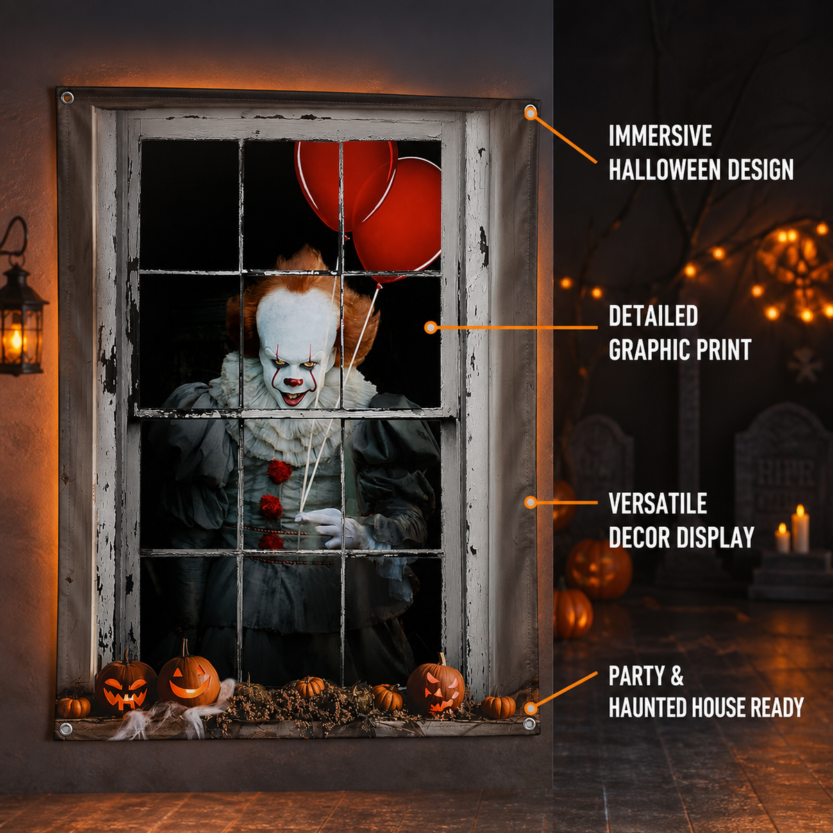 1pc Halloween Clown Backdrop, Vintage Window Frame with Red Balloons Costumes detail 2