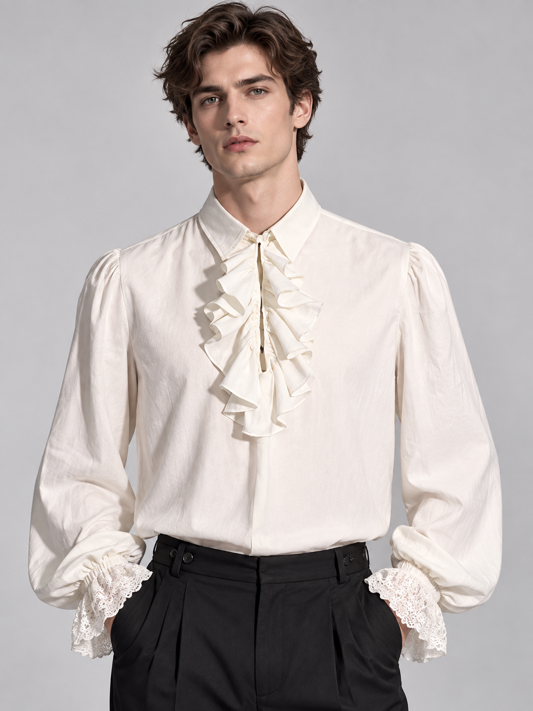 White shirt with a jabot and ruffles on the cuffs